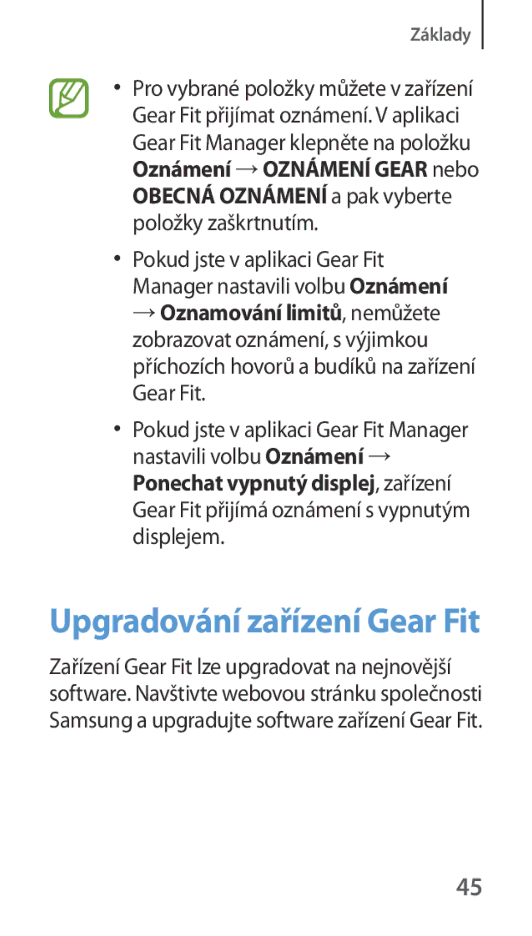 Samsung SM-R3500ZKAXEZ, SM-R3500ZKAATO, SM-R3500ZKADBT, SM-R3500ZKAXEO, SM-R3500ZKAEUX manual Upgradování zařízení Gear Fit 