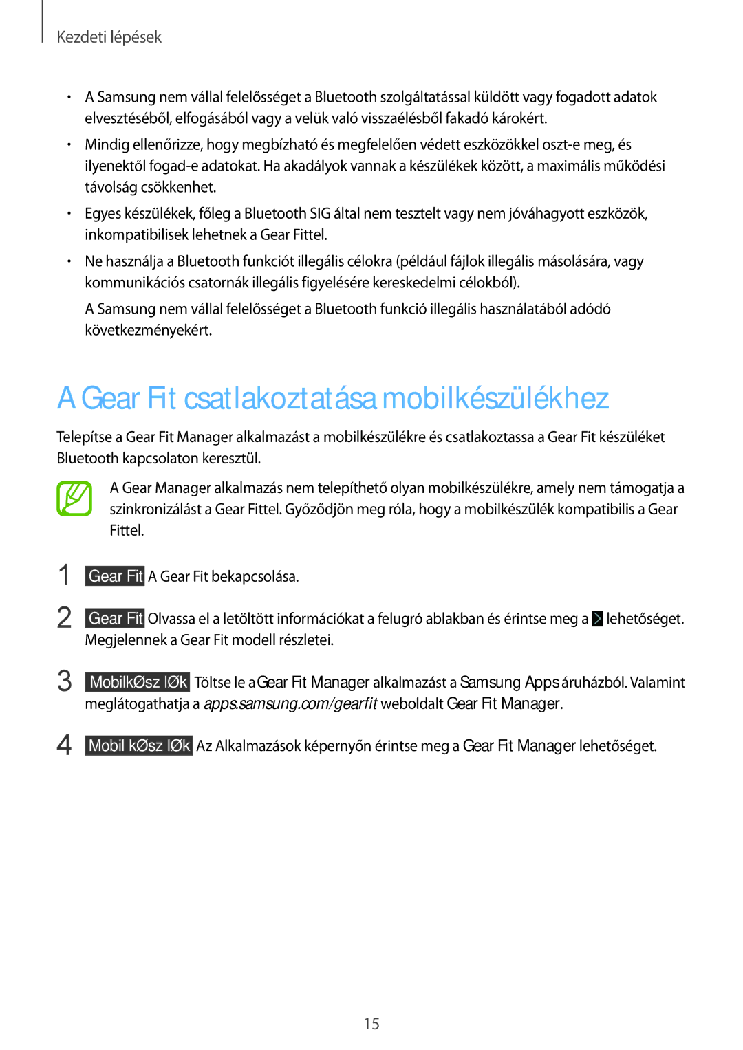 Samsung SM-R3500ZKAXSK, SM-R3500ZKAATO, SM-R3500ZKADBT, SM-R3500ZKAXEO manual Gear Fit csatlakoztatása mobilkészülékhez 