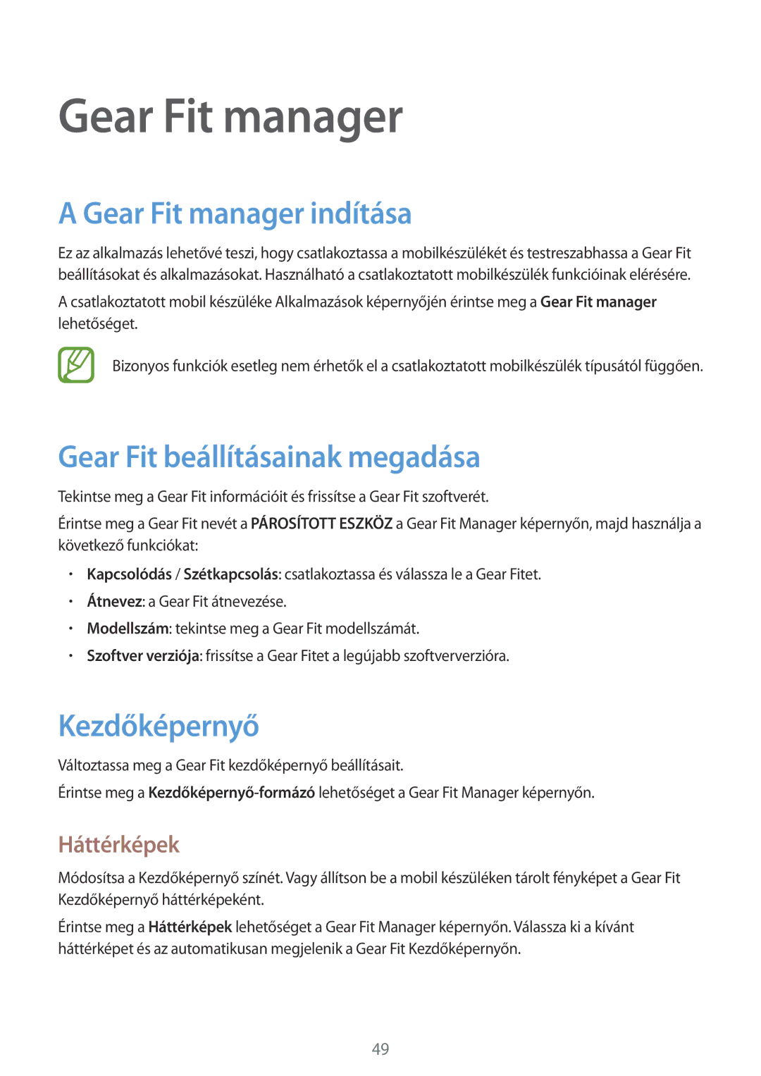 Samsung SM-R3500ZKADBT manual Gear Fit manager indítása, Gear Fit beállításainak megadása, Kezdőképernyő, Háttérképek 