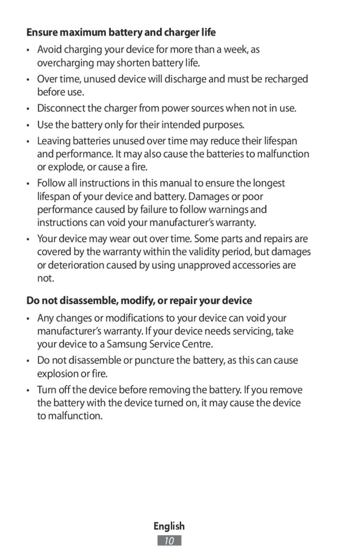 Samsung SM-R3500ZKAPHE manual Ensure maximum battery and charger life, Do not disassemble, modify, or repair your device 