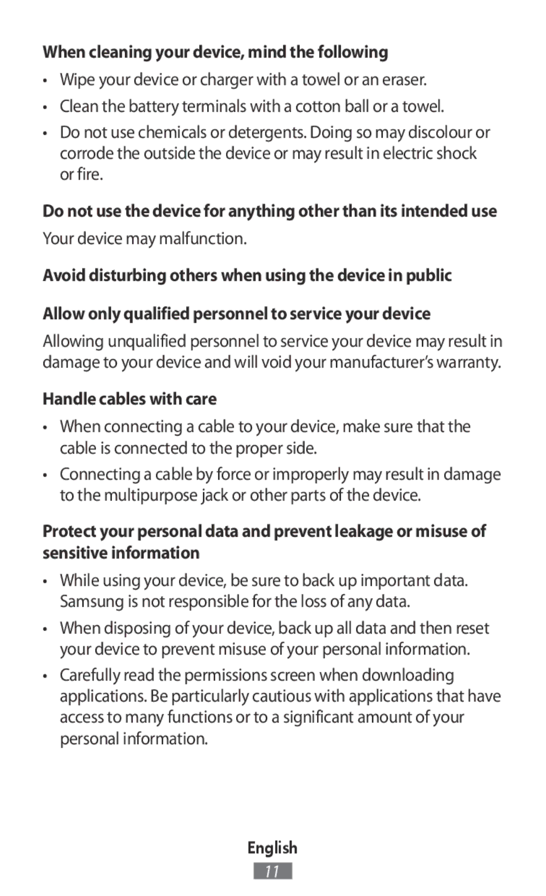 Samsung SM-R3500ZKATMC When cleaning your device, mind the following, Your device may malfunction, Handle cables with care 