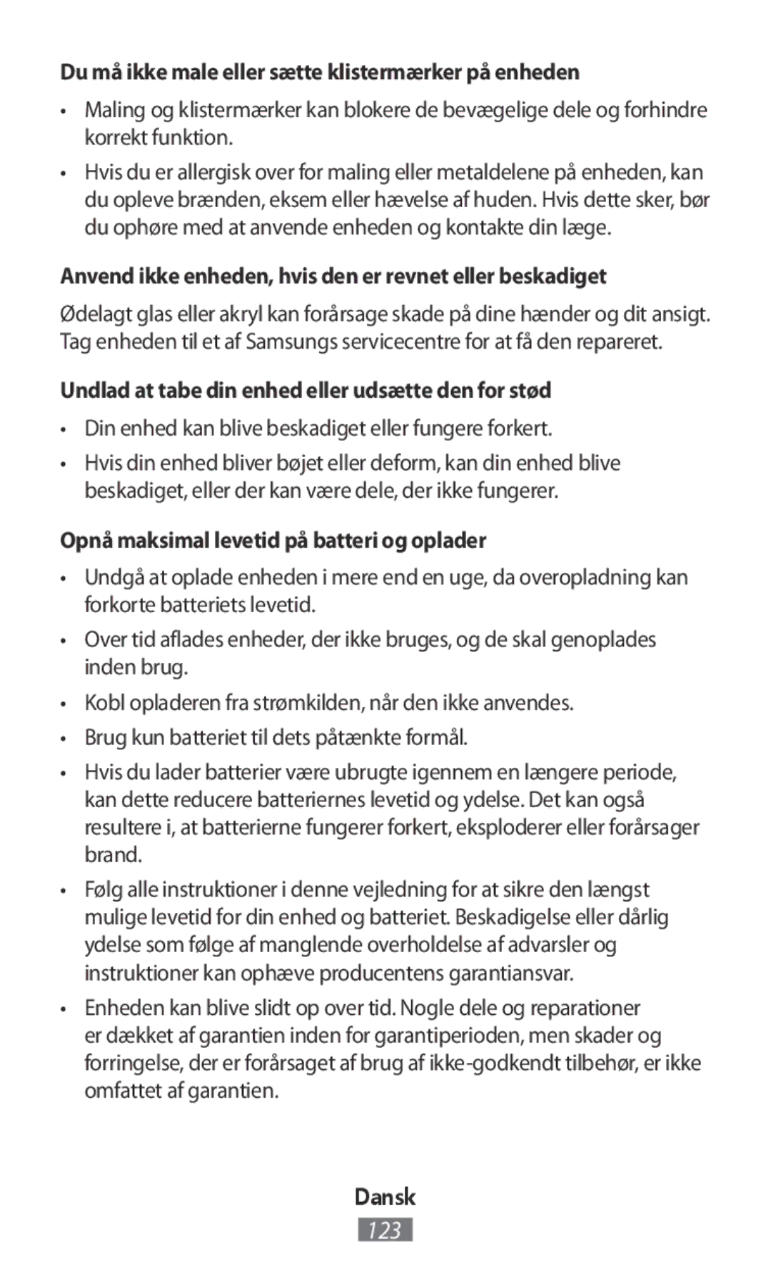 Samsung SM-R3500ZKASEE Du må ikke male eller sætte klistermærker på enheden, Opnå maksimal levetid på batteri og oplader 