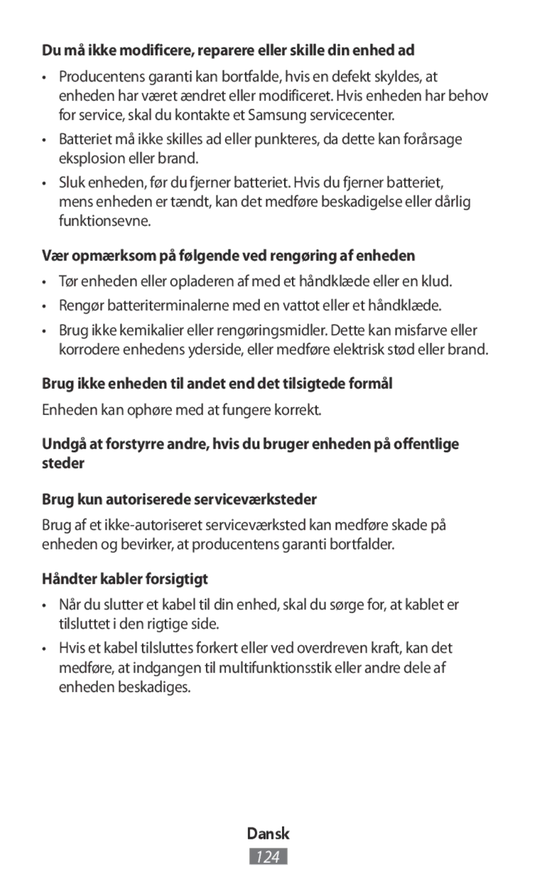 Samsung SM-R3500ZKATHR manual Du må ikke modificere, reparere eller skille din enhed ad, Håndter kabler forsigtigt 