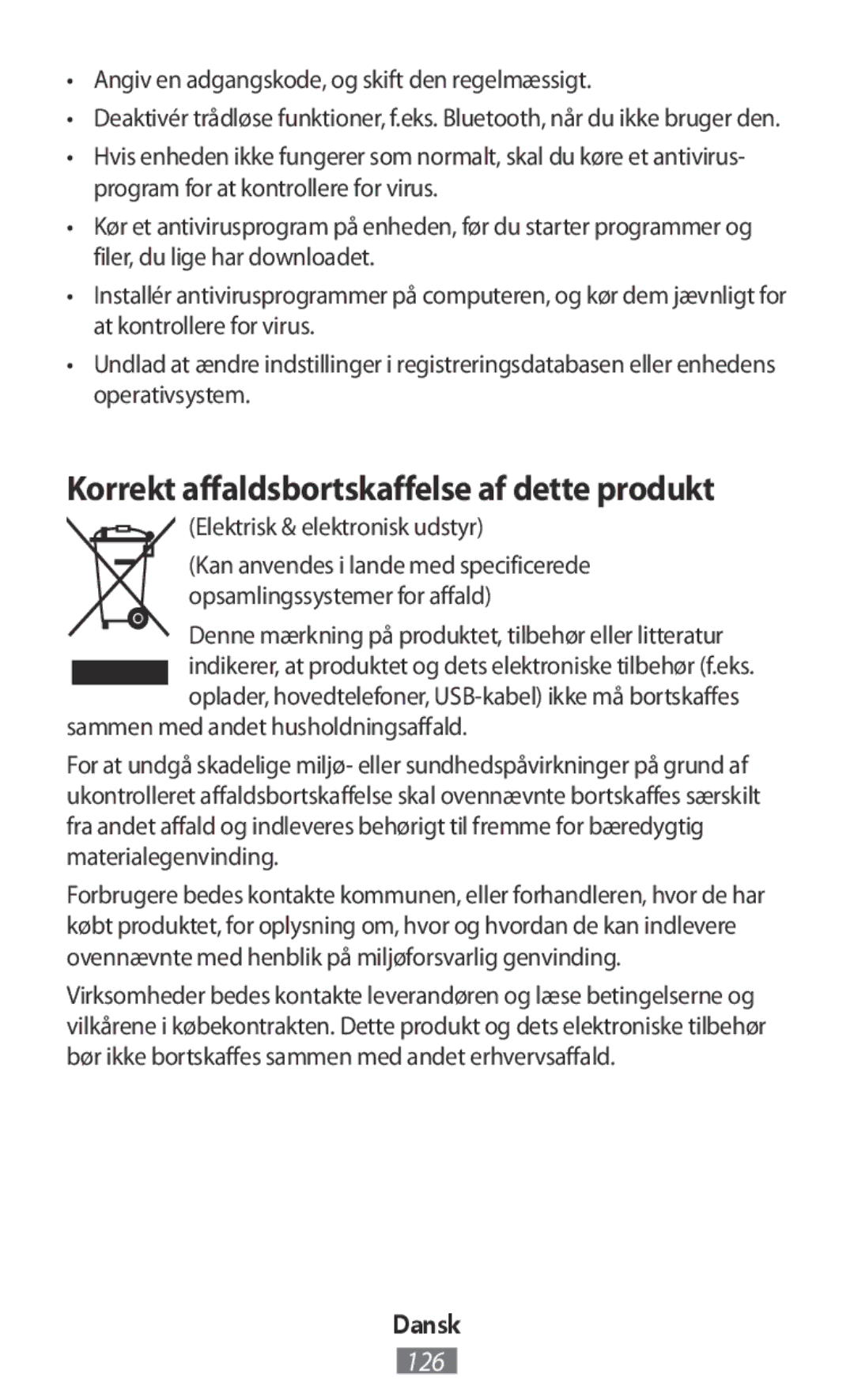 Samsung SM-R3500ZKAAFR Korrekt affaldsbortskaffelse af dette produkt, Angiv en adgangskode, og skift den regelmæssigt 