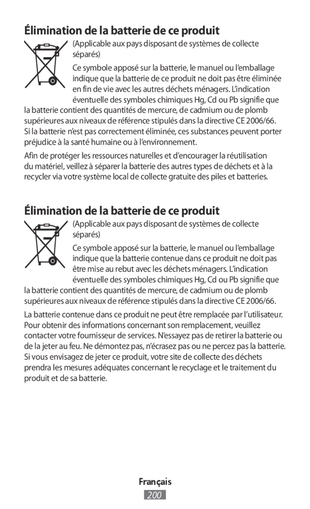 Samsung SM-R3500ZKAXXV, SM-R3500ZKAATO, SM-R3500ZKADBT, SM-R3500ZKAXEO manual Élimination de la batterie de ce produit 