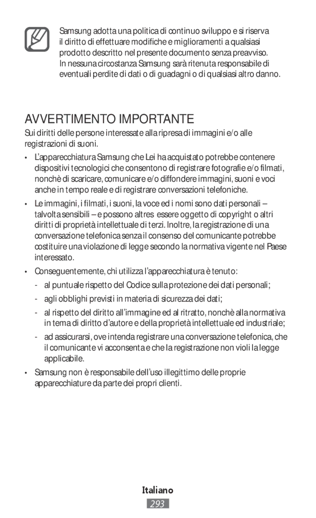 Samsung SM-R3500ZKAXFE, SM-R3500ZKAATO Avvertimento Importante, Conseguentemente, chi utilizza lapparecchiatura è tenuto 