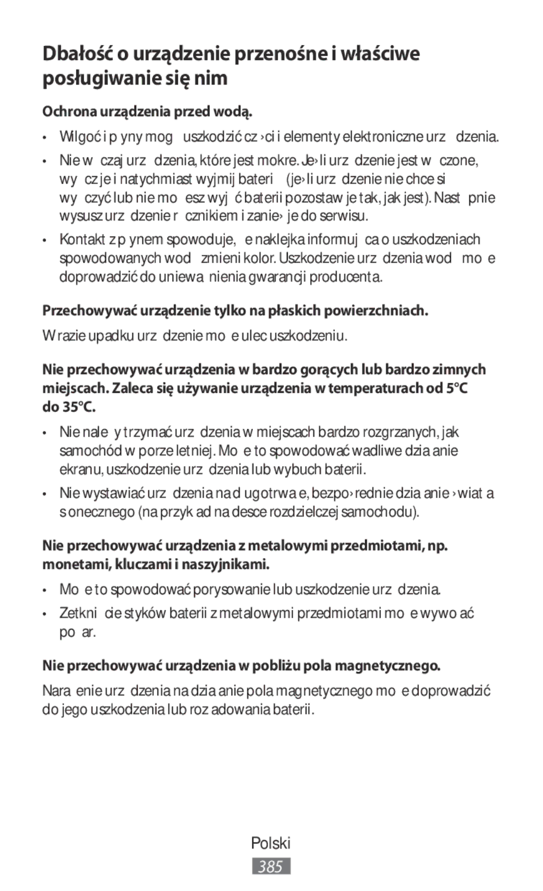 Samsung SM-R3500ZKADBT manual Ochrona urządzenia przed wodą, Przechowywać urządzenie tylko na płaskich powierzchniach 