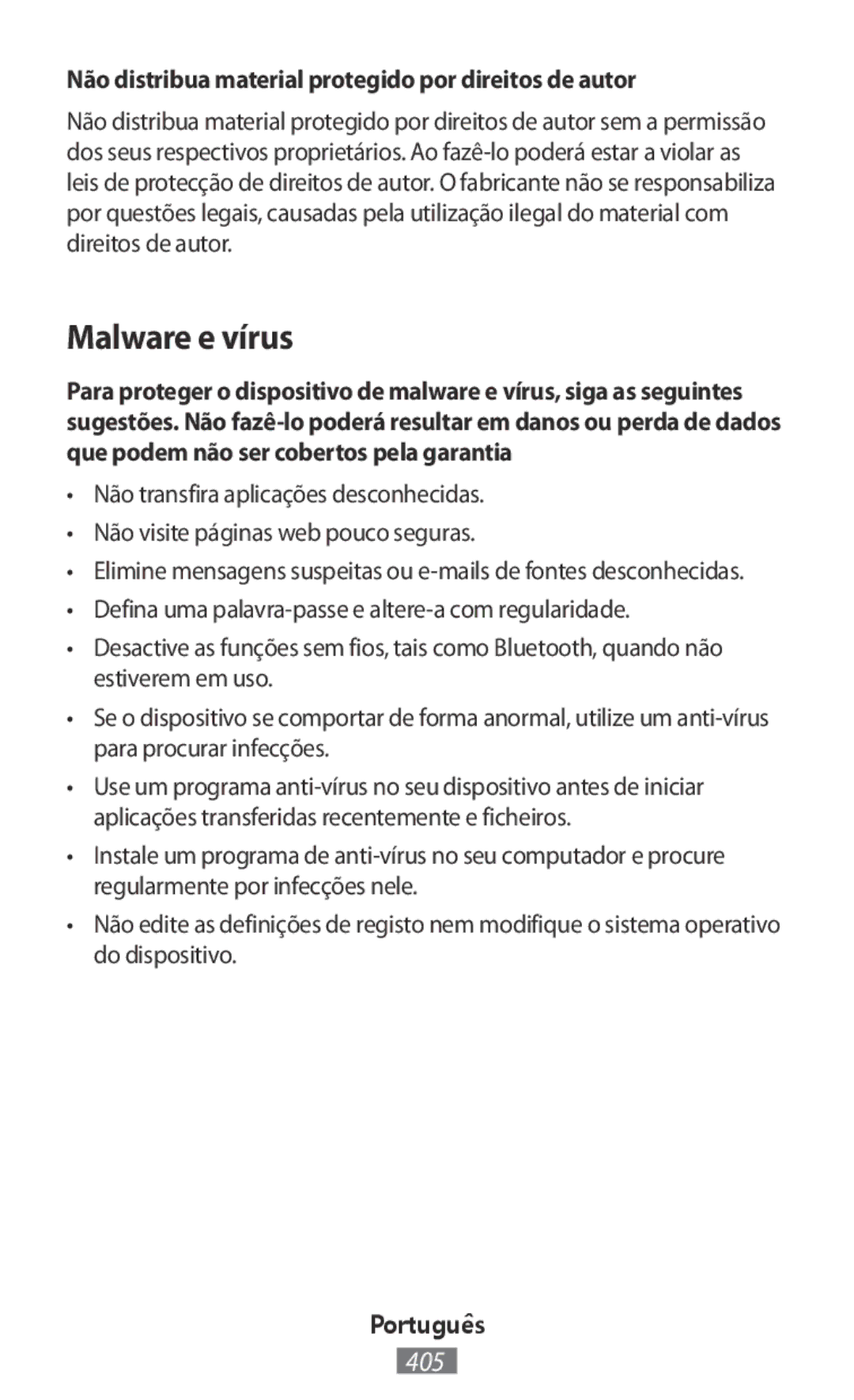 Samsung SM-R3500ZKATUN, SM-R3500ZKAATO manual Malware e vírus, Não distribua material protegido por direitos de autor 