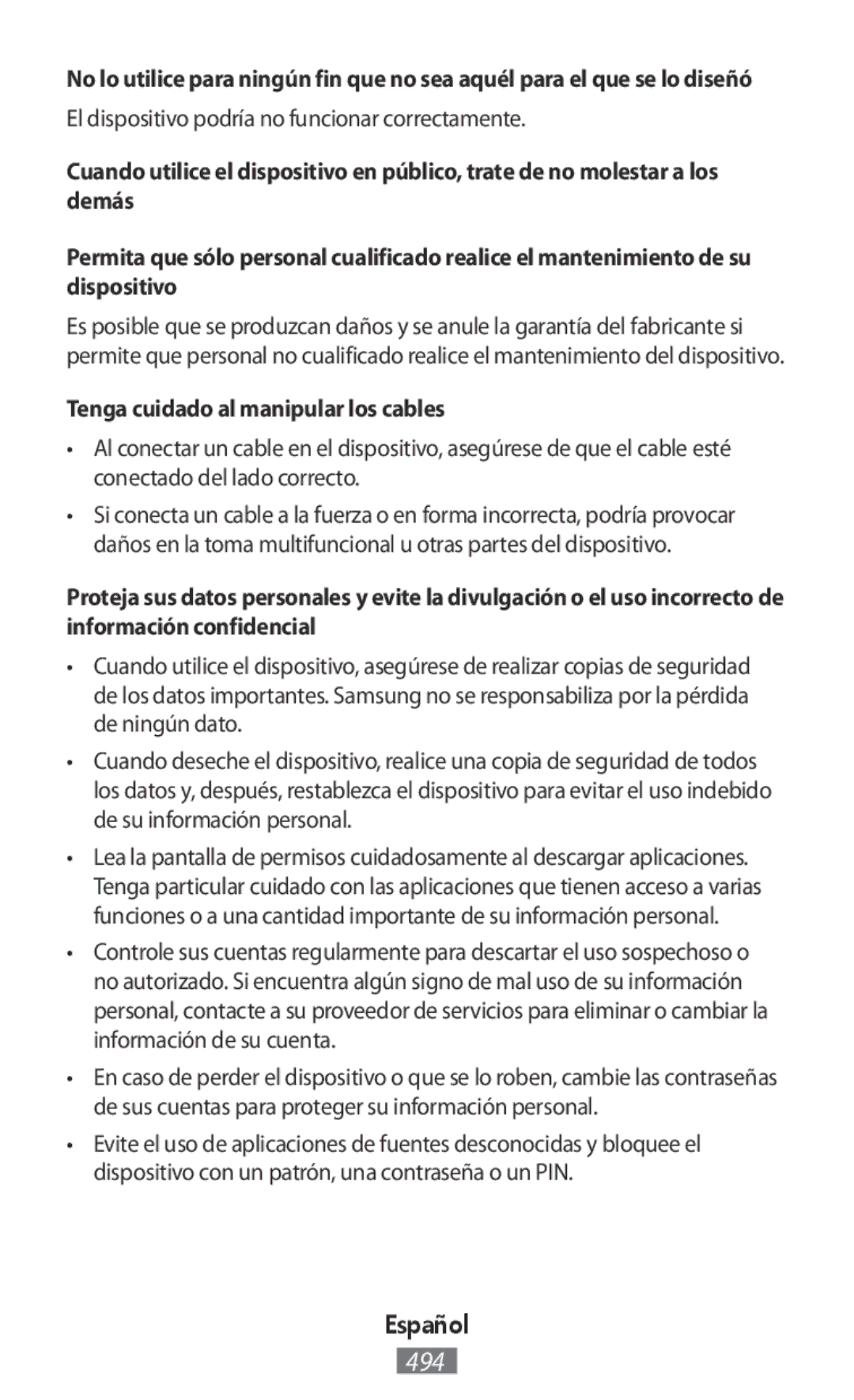 Samsung SM-R3500ZKATUR manual El dispositivo podría no funcionar correctamente, Tenga cuidado al manipular los cables 