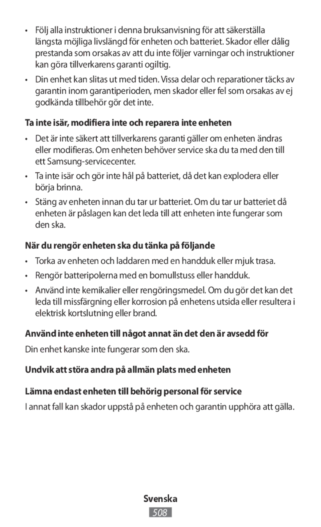 Samsung SM-R3500ZKASEE Ta inte isär, modifiera inte och reparera inte enheten, Din enhet kanske inte fungerar som den ska 