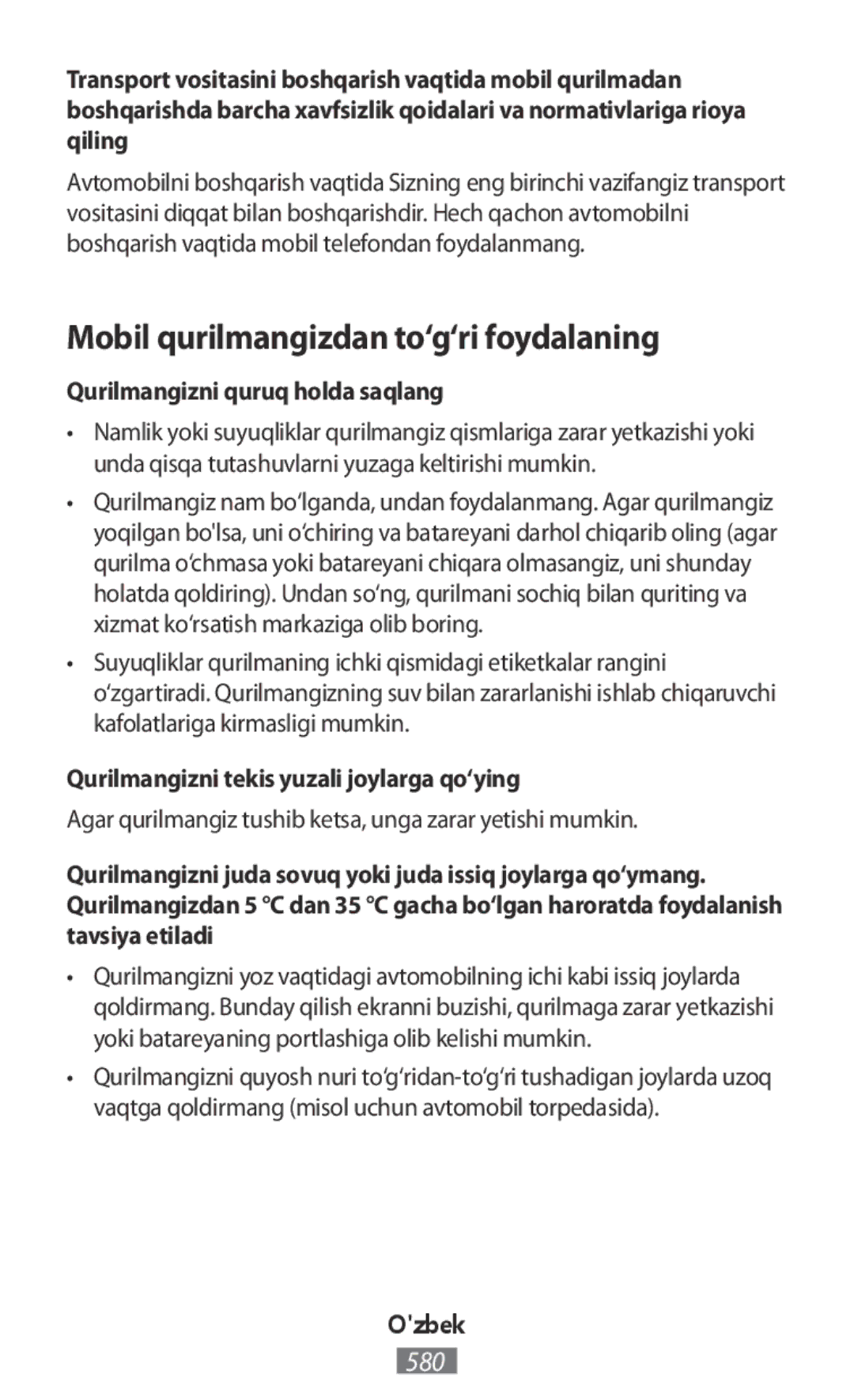 Samsung SM-R3500ZKATUN, SM-R3500ZKAATO manual Mobil qurilmangizdan to‘g‘ri foydalaning, Qurilmangizni quruq holda saqlang 