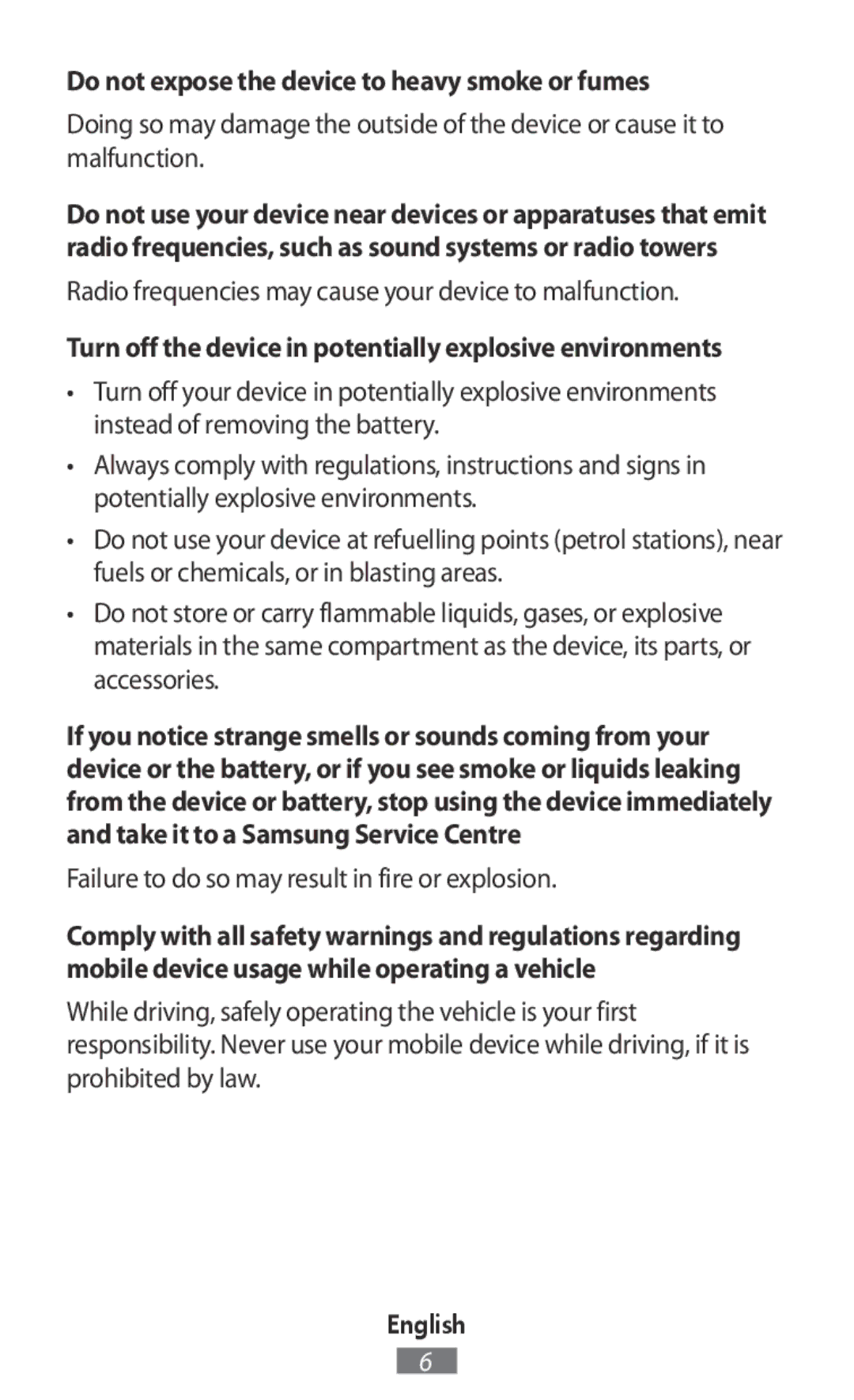 Samsung SM-R3500ZKAEUX Do not expose the device to heavy smoke or fumes, Failure to do so may result in fire or explosion 