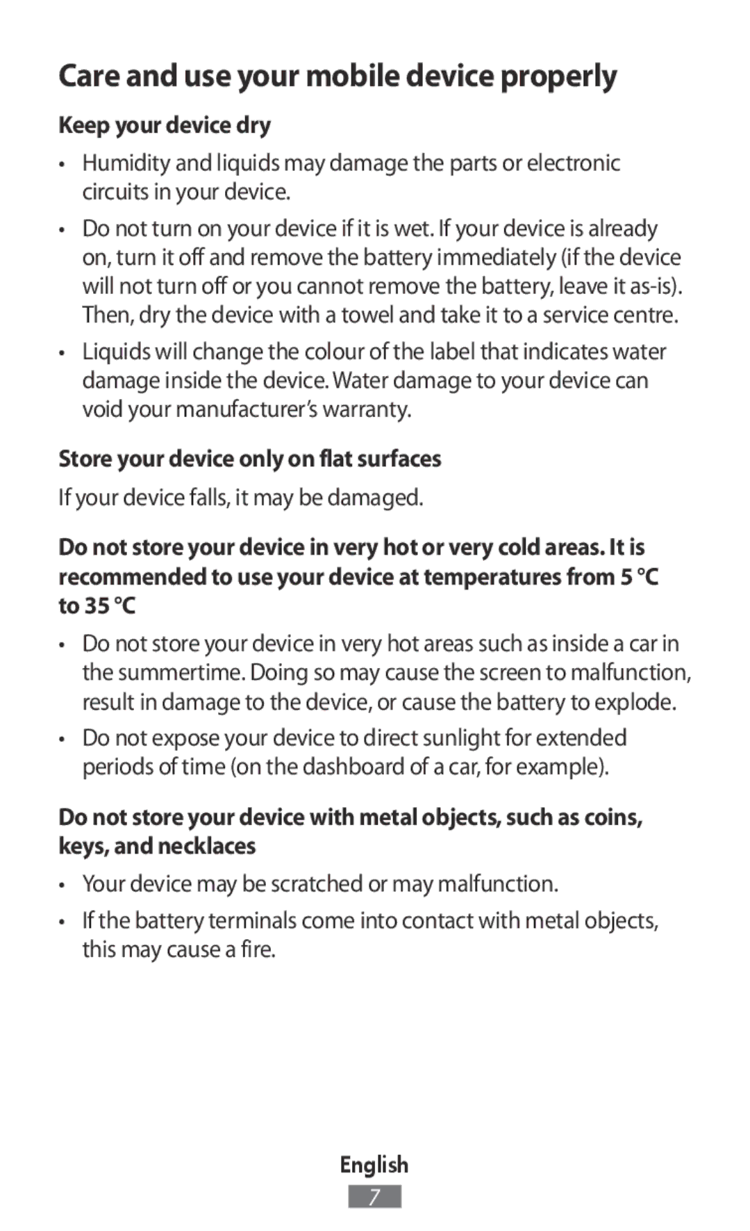 Samsung SM-R3500ZKAXEF, SM-R3500ZKAATO, SM-R3500ZKADBT manual Care and use your mobile device properly, Keep your device dry 