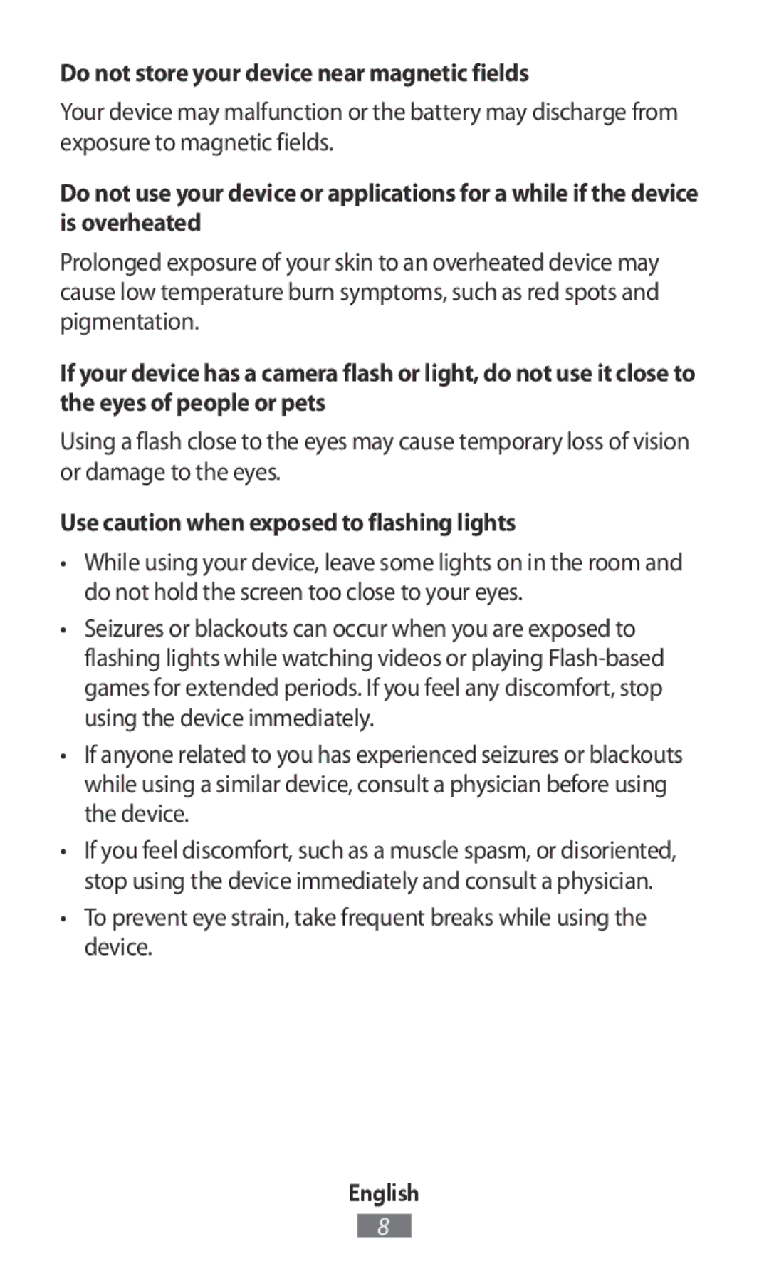 Samsung SM-R3500ZKAAUT manual Do not store your device near magnetic fields, Use caution when exposed to flashing lights 