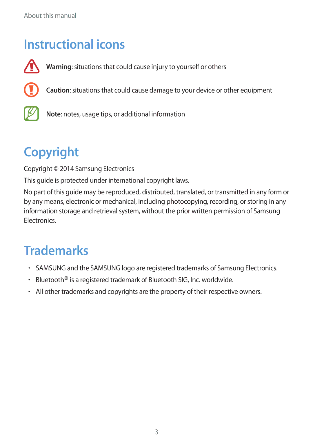 Samsung SM-R3500ZKATPH, SM-R3500ZKAATO, SM-R3500ZKADBT, SM-R3500ZKAXEO manual Instructional icons Copyright, Trademarks 