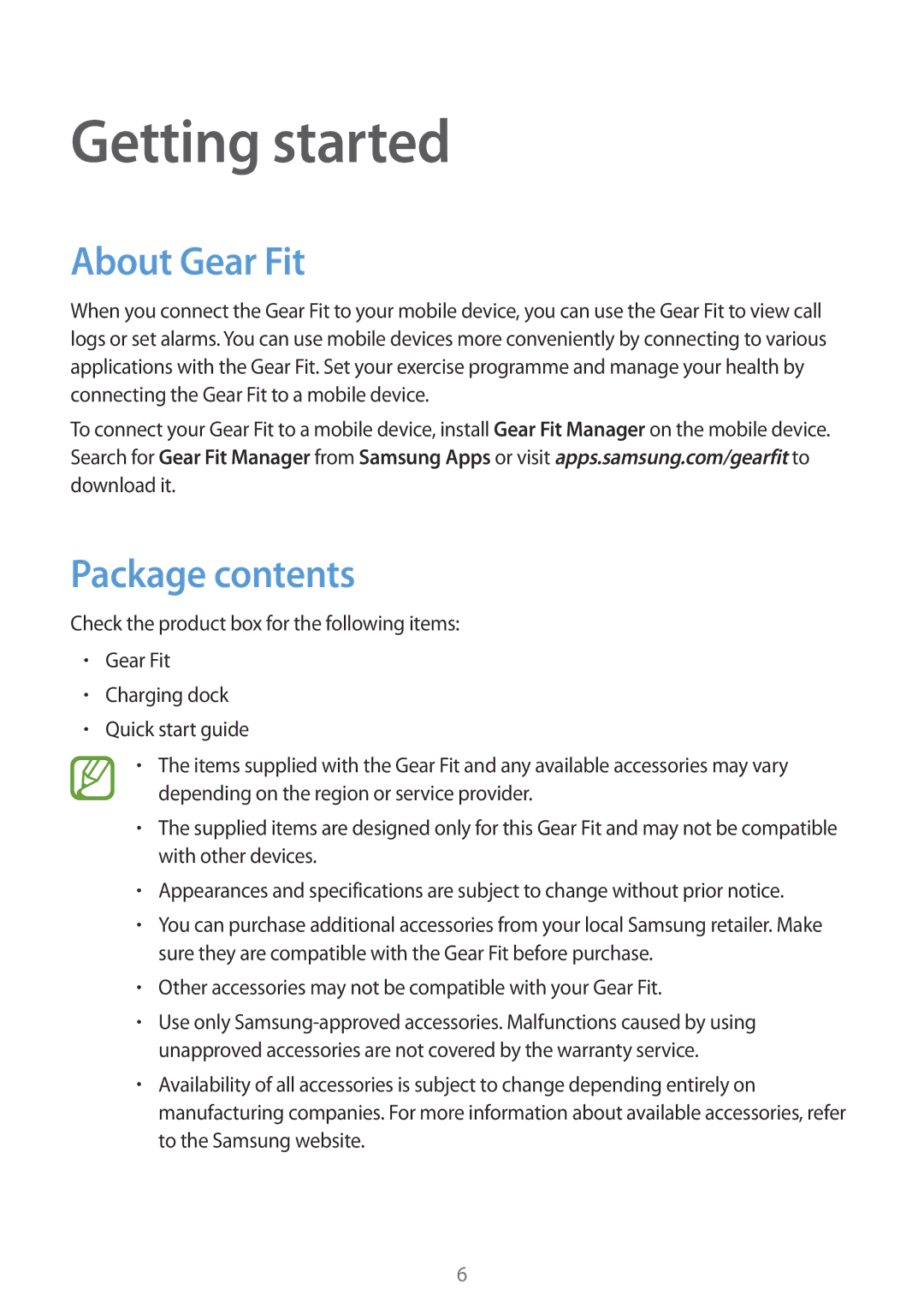 Samsung SM-R3500ZKASEB, SM-R3500ZKAATO, SM-R3500ZKADBT, SM-R3500ZKAXEO Getting started, About Gear Fit, Package contents 