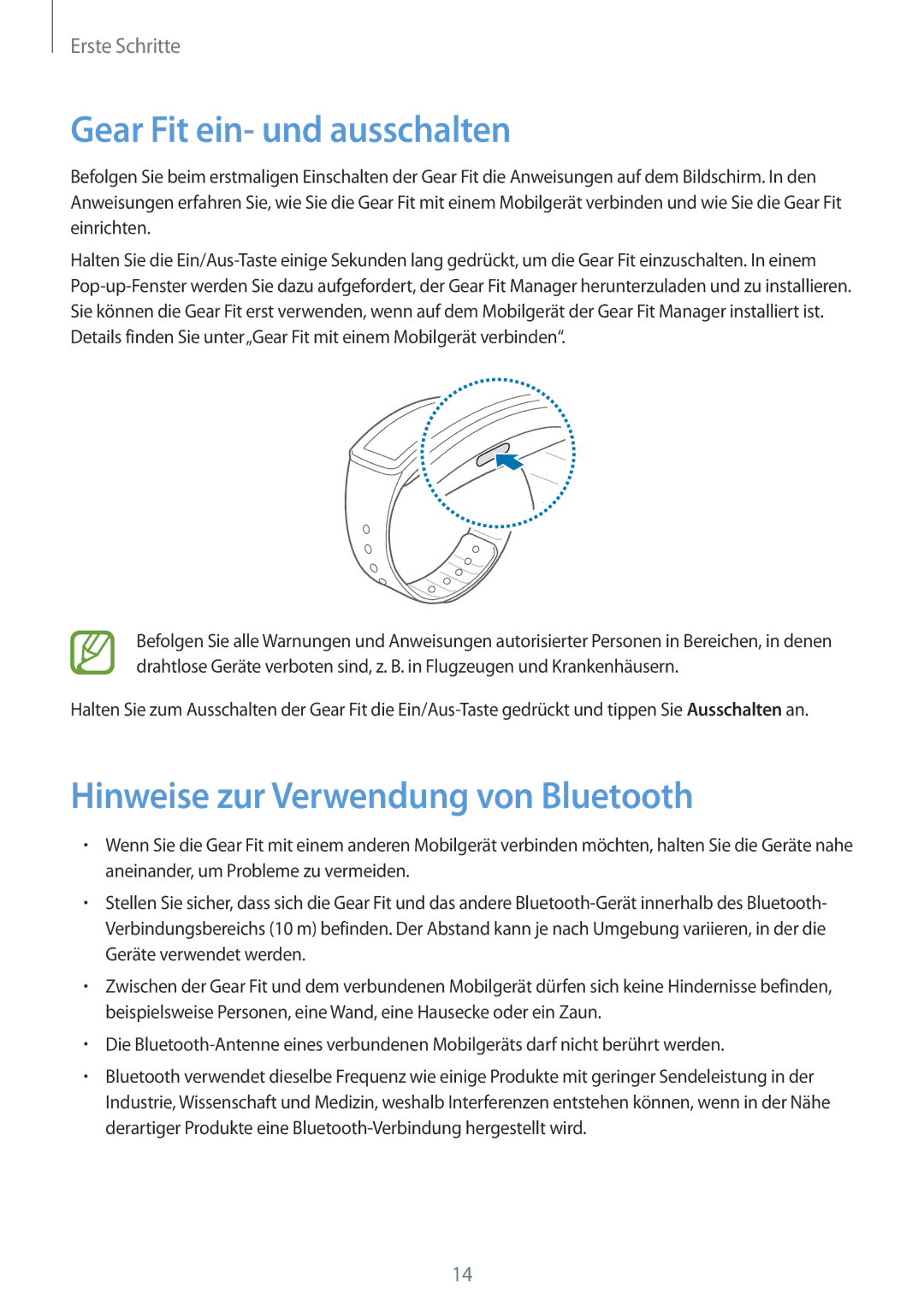 Samsung SM-R3500ZKATUR, SM-R3500ZKAATO, SM-R3500ZKADBT Gear Fit ein- und ausschalten, Hinweise zur Verwendung von Bluetooth 