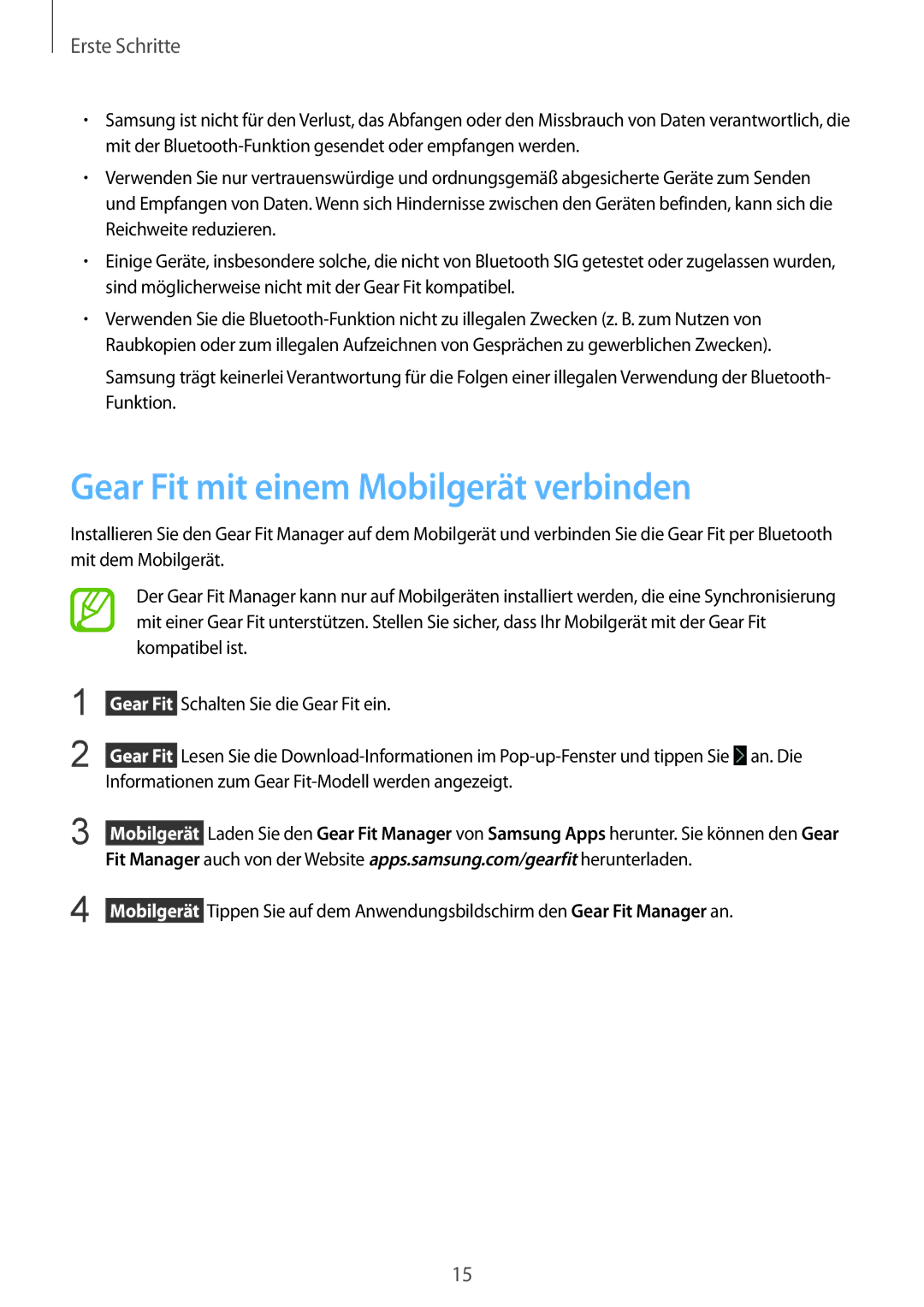 Samsung SM-R3500ZKASEB, SM-R3500ZKAATO, SM-R3500ZKADBT, SM-R3500ZKAXEO manual Gear Fit mit einem Mobilgerät verbinden 