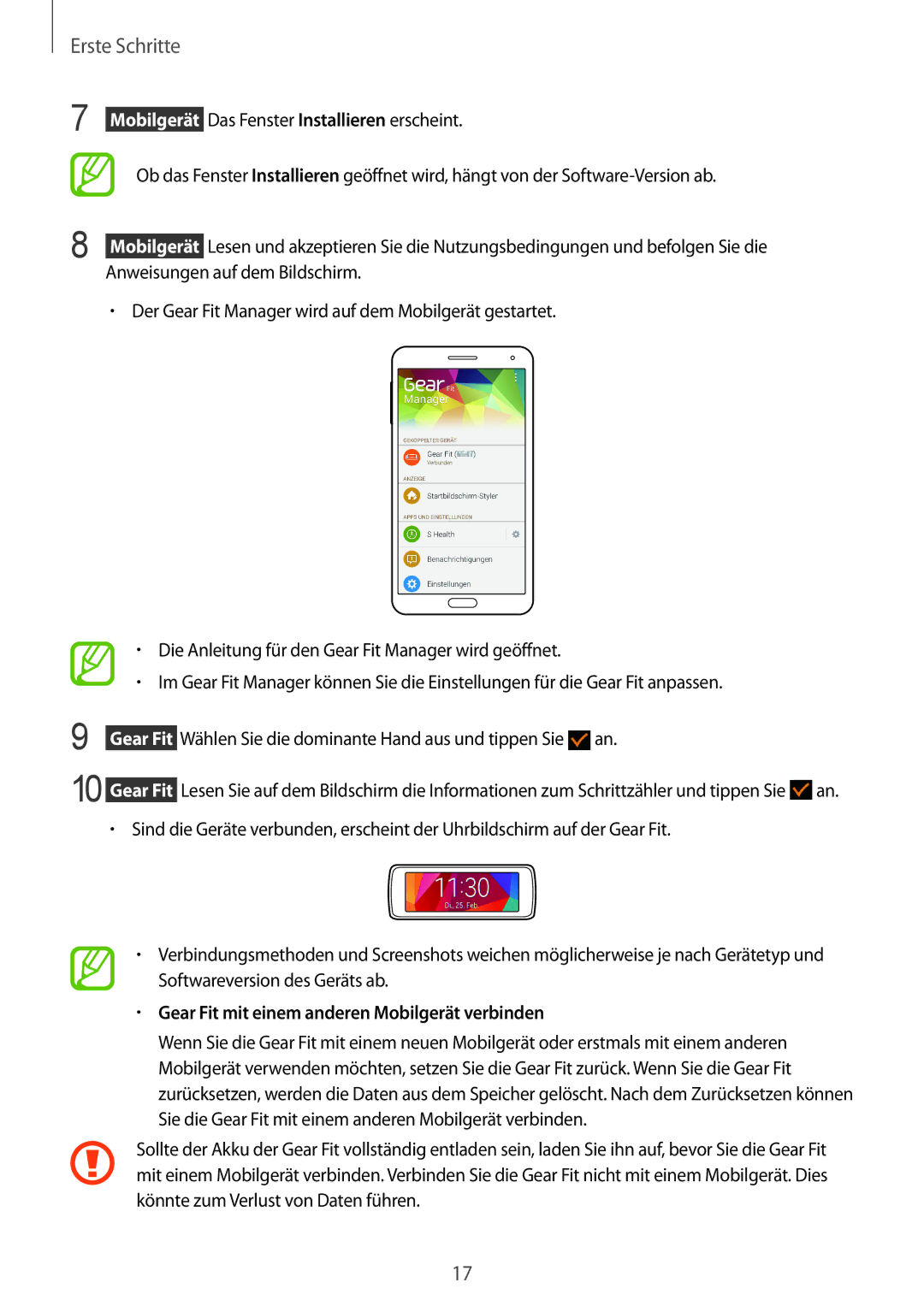 Samsung SM-R3500ZKAXEF, SM-R3500ZKAATO, SM-R3500ZKADBT, SM-R3500ZKAXEO manual Gear Fit mit einem anderen Mobilgerät verbinden 