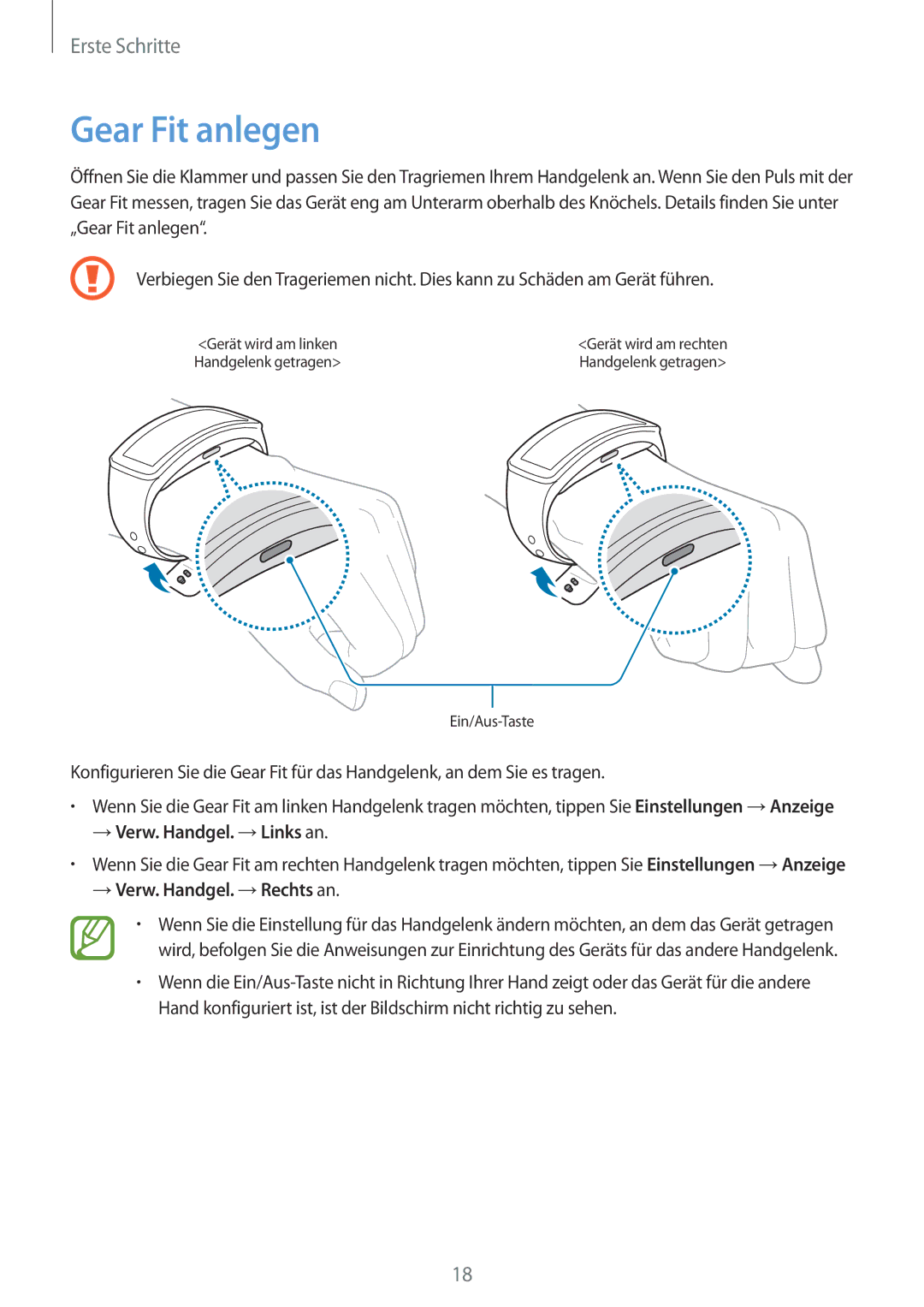 Samsung SM-R3500ZKAATO, SM-R3500ZKADBT manual Gear Fit anlegen, → Verw. Handgel. →Links an, → Verw. Handgel. →Rechts an 