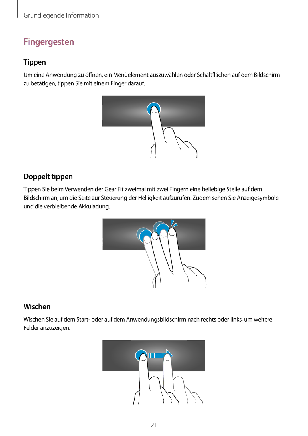 Samsung SM-R3500ZKATPH, SM-R3500ZKAATO, SM-R3500ZKADBT, SM-R3500ZKAXEO manual Fingergesten, Tippen, Doppelt tippen, Wischen 