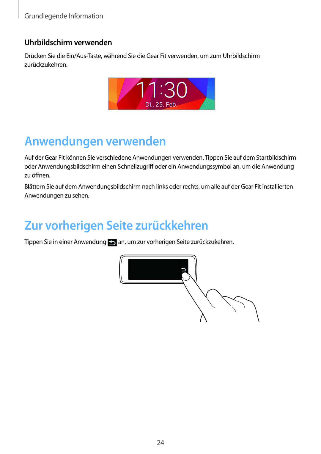 Samsung SM-R3500ZKASEB, SM-R3500ZKAATO Anwendungen verwenden, Zur vorherigen Seite zurückkehren, Uhrbildschirm verwenden 