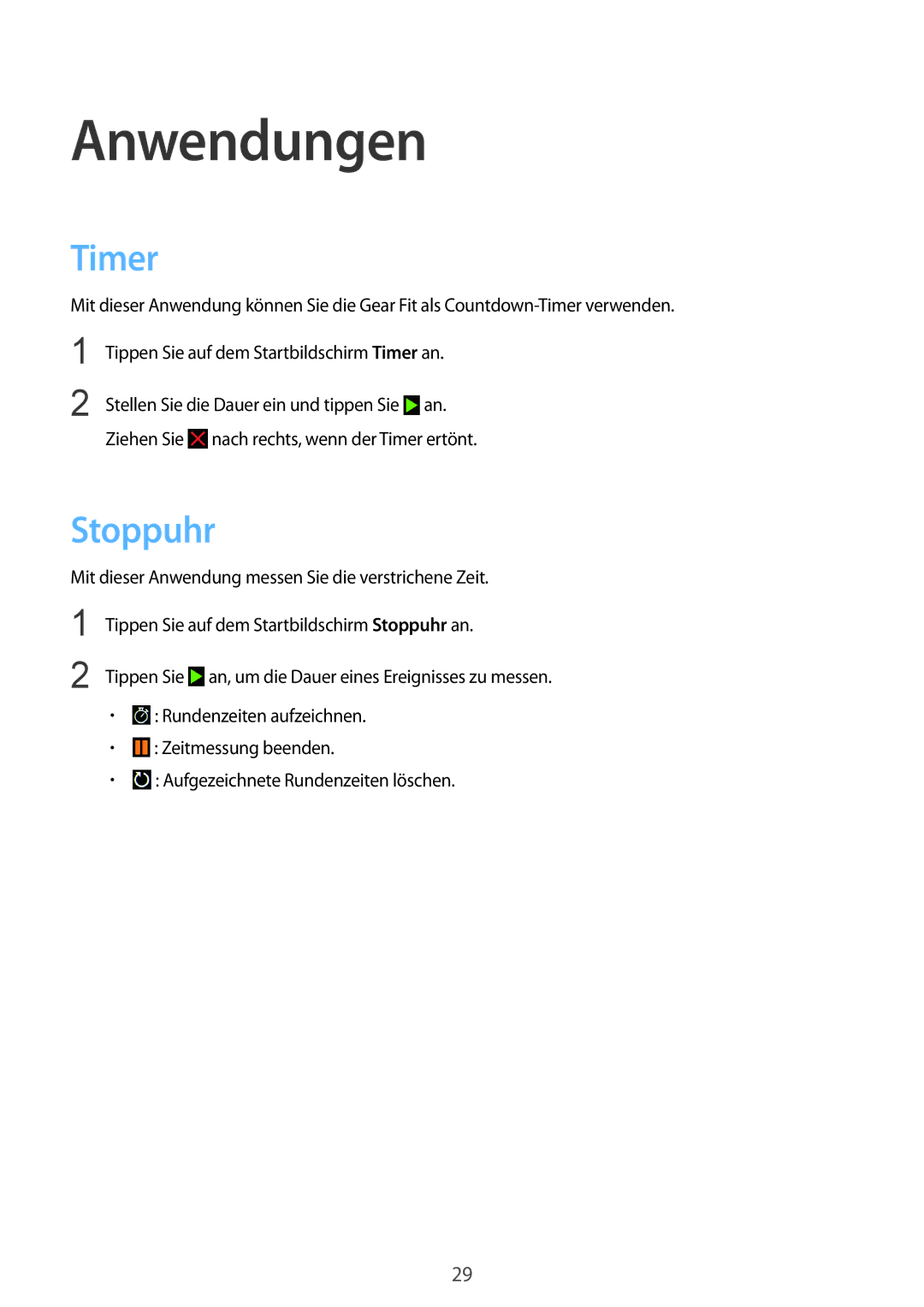 Samsung SM-R3500ZKAXEO, SM-R3500ZKAATO, SM-R3500ZKADBT, SM-R3500ZKATPH, SM-R3500ZKAEUR manual Anwendungen, Timer, Stoppuhr 