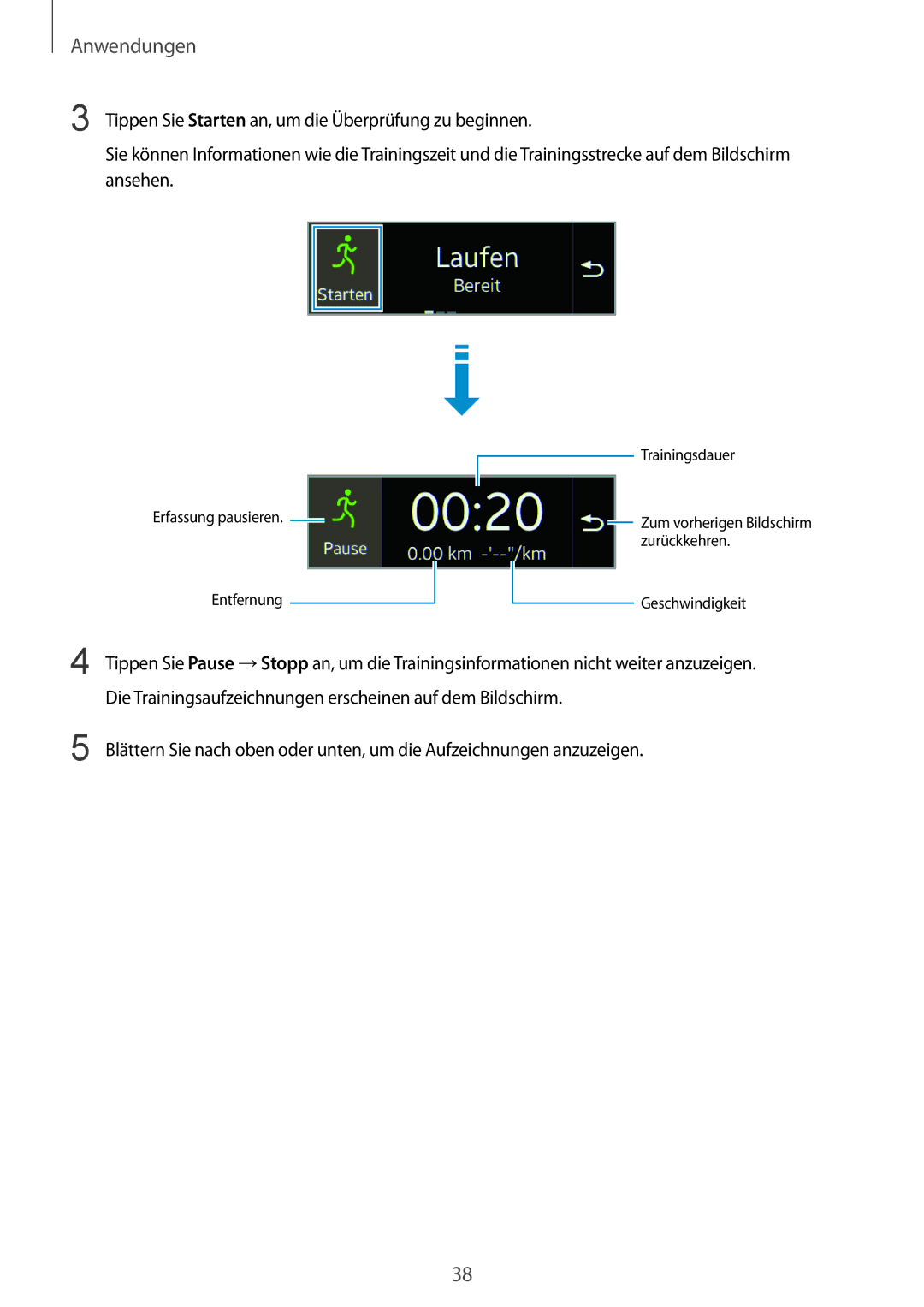 Samsung SM-R3500ZKAXEO, SM-R3500ZKAATO, SM-R3500ZKADBT manual Die Trainingsaufzeichnungen erscheinen auf dem Bildschirm 