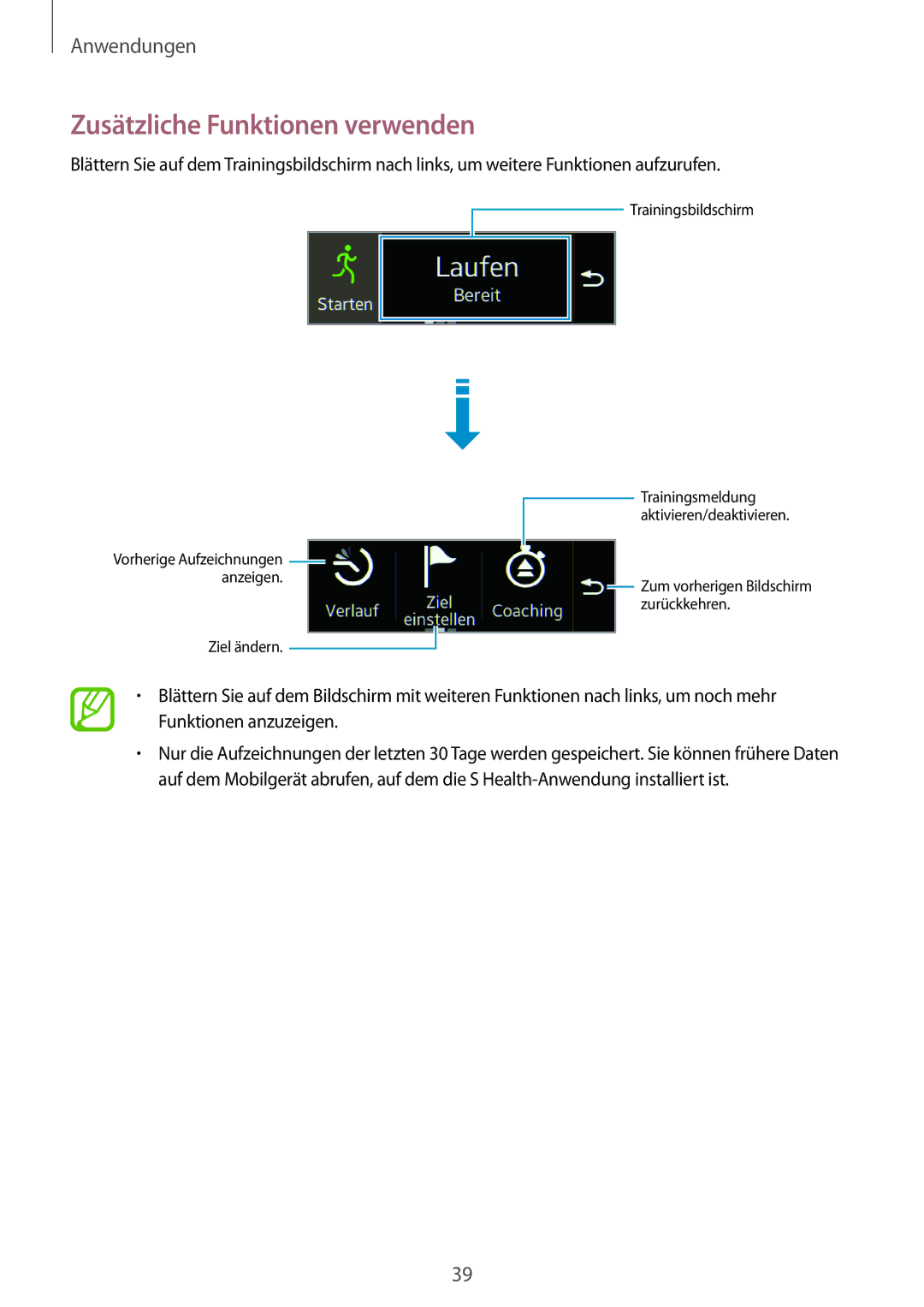 Samsung SM-R3500ZKATPH, SM-R3500ZKAATO, SM-R3500ZKADBT, SM-R3500ZKAXEO, SM-R3500ZKAEUR, SM-R3500ZKATUR Trainingsbildschirm 