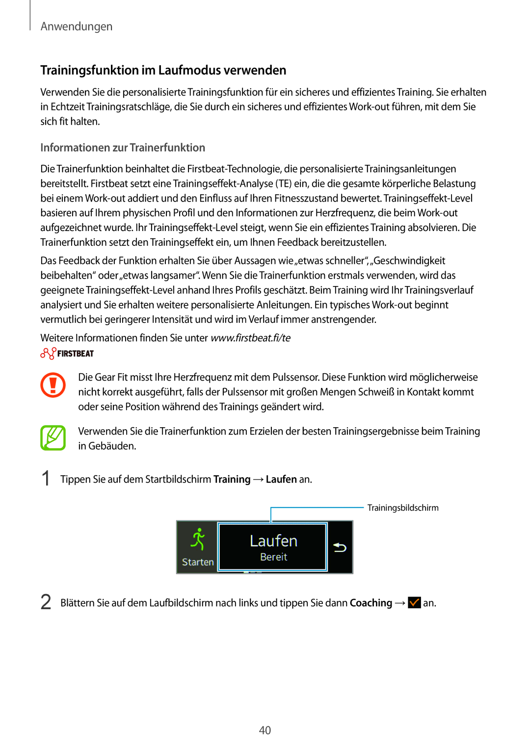 Samsung SM-R3500ZKAEUR, SM-R3500ZKAATO manual Trainingsfunktion im Laufmodus verwenden, Informationen zur Trainerfunktion 