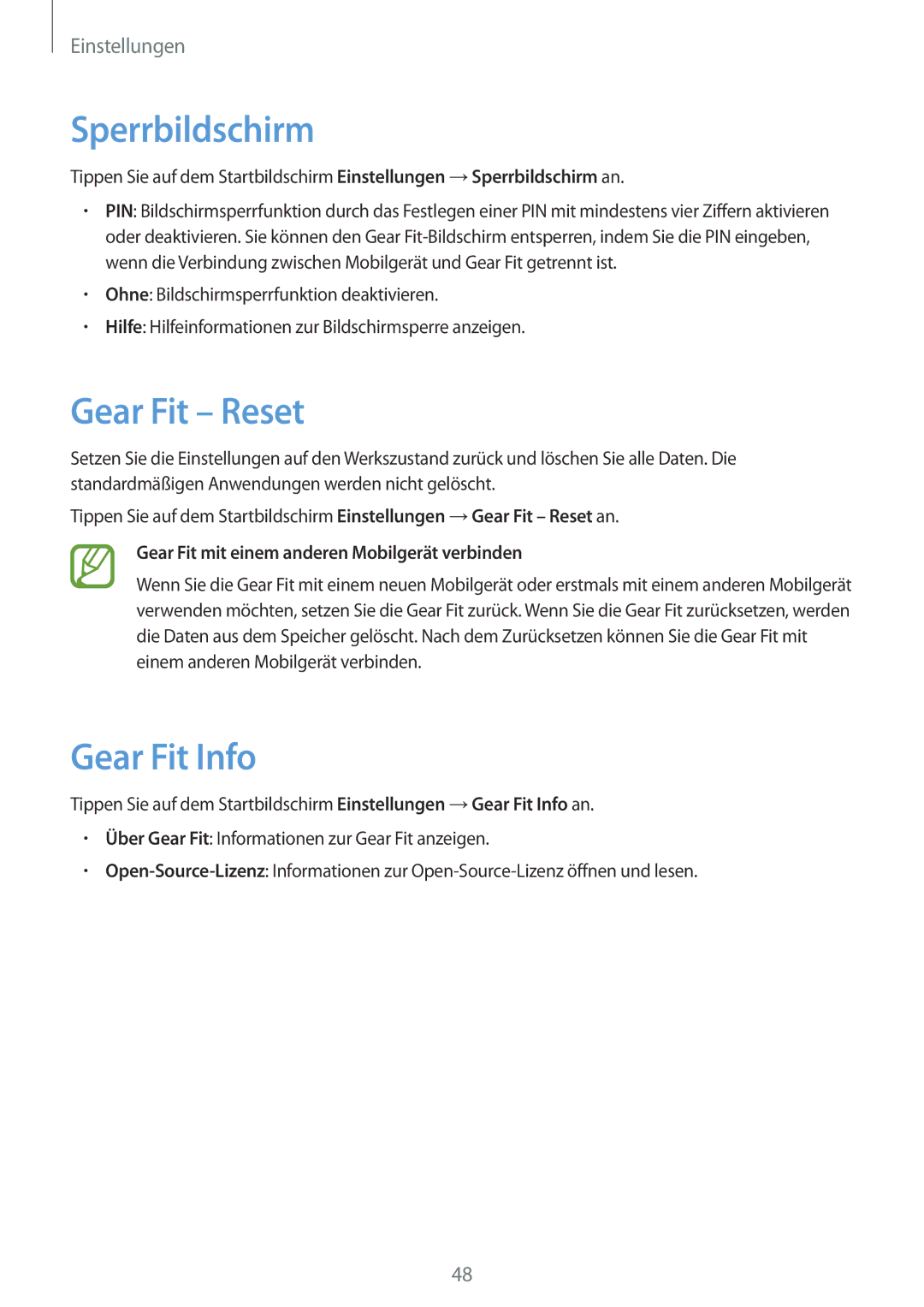 Samsung SM-R3500ZKATPH, SM-R3500ZKAATO, SM-R3500ZKADBT, SM-R3500ZKAXEO manual Sperrbildschirm, Gear Fit Reset, Gear Fit Info 