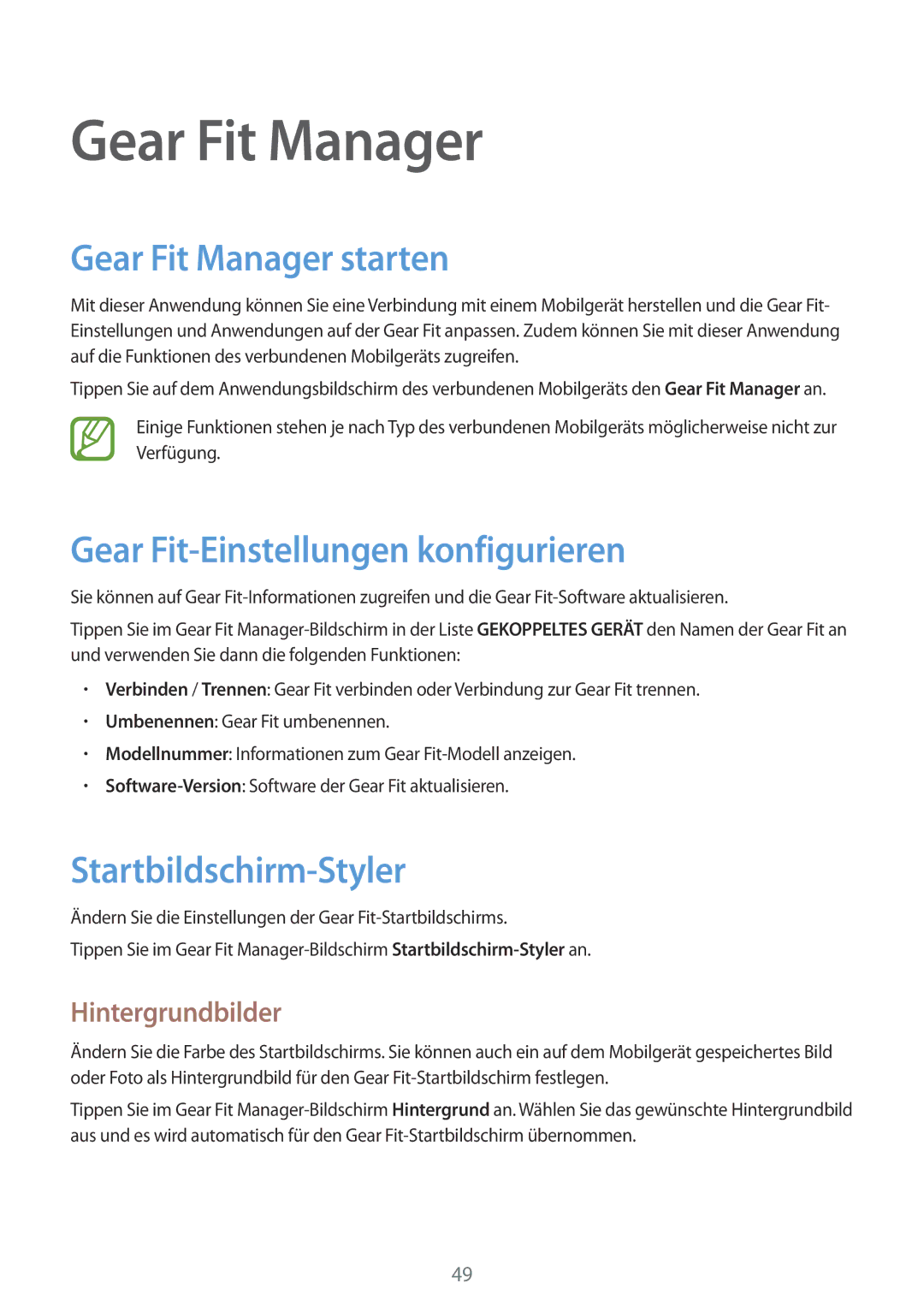 Samsung SM-R3500ZKAEUR manual Gear Fit Manager starten, Gear Fit-Einstellungen konfigurieren, Startbildschirm-Styler 