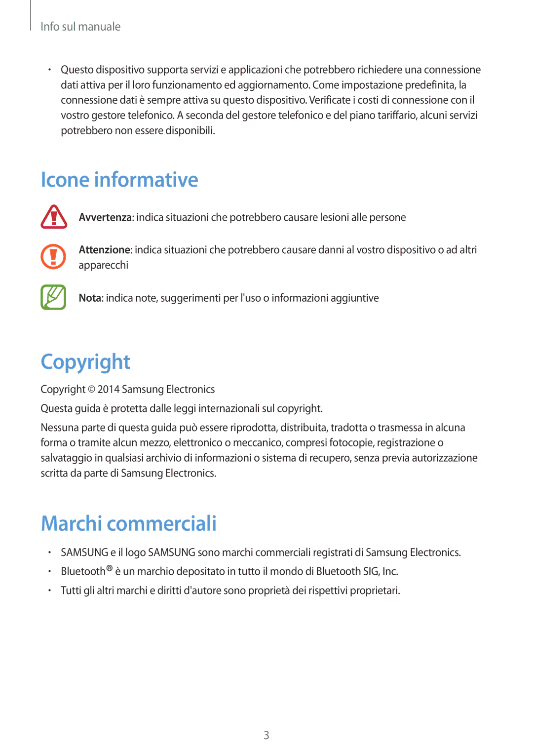 Samsung SM-R3500ZKAITV, SM-R3500ZKADBT, SM-R3500ZKAXEF, SM-R3500ZKAAUT manual Icone informative, Copyright, Marchi commerciali 