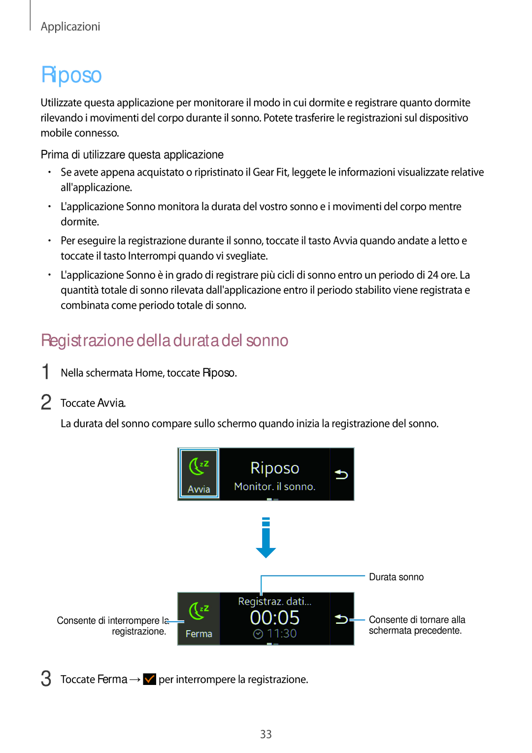 Samsung SM-R3500ZKAXEF manual Riposo, Registrazione della durata del sonno, Prima di utilizzare questa applicazione 