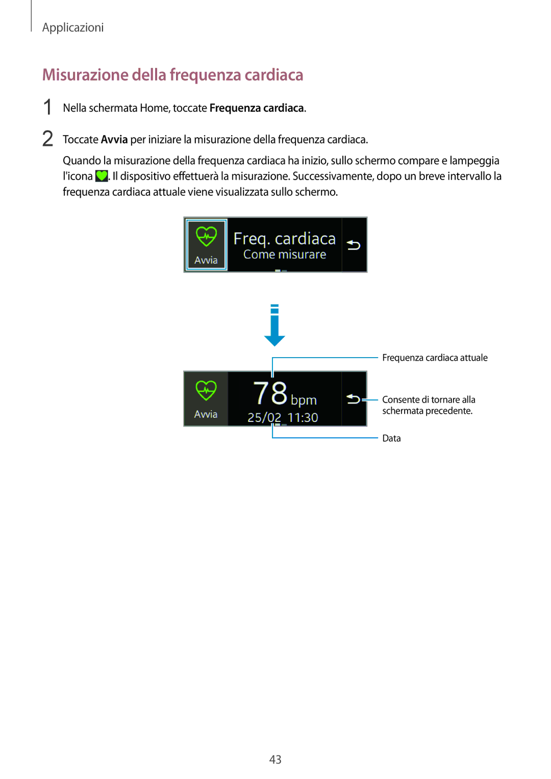 Samsung SM-R3500ZKAITV, SM-R3500ZKADBT, SM-R3500ZKAXEF, SM-R3500ZKAAUT manual Misurazione della frequenza cardiaca 