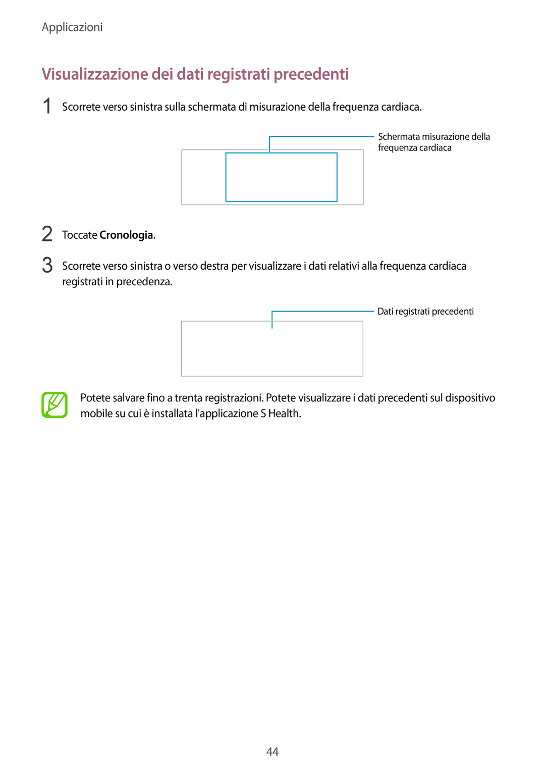 Samsung SM-R3500ZKADBT, SM-R3500ZKAXEF, SM-R3500ZKAAUT Visualizzazione dei dati registrati precedenti, Toccate Cronologia 