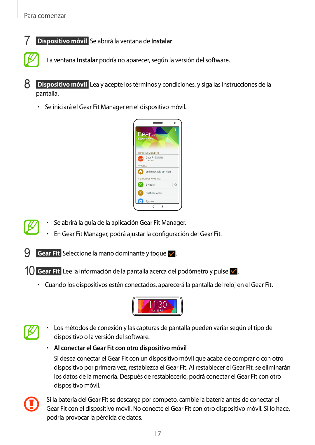 Samsung SM-R3500ZKAPHE manual Seleccione la mano dominante y toque, Al conectar el Gear Fit con otro dispositivo móvil 