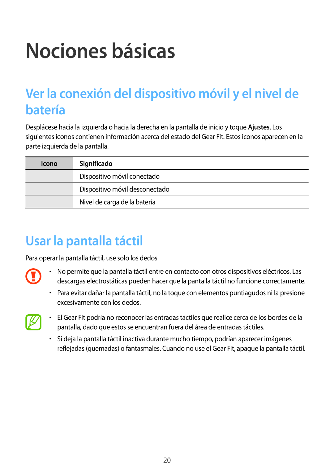 Samsung SM-R3500ZKAEUX Nociones básicas, Ver la conexión del dispositivo móvil y el nivel de batería, Icono Significado 