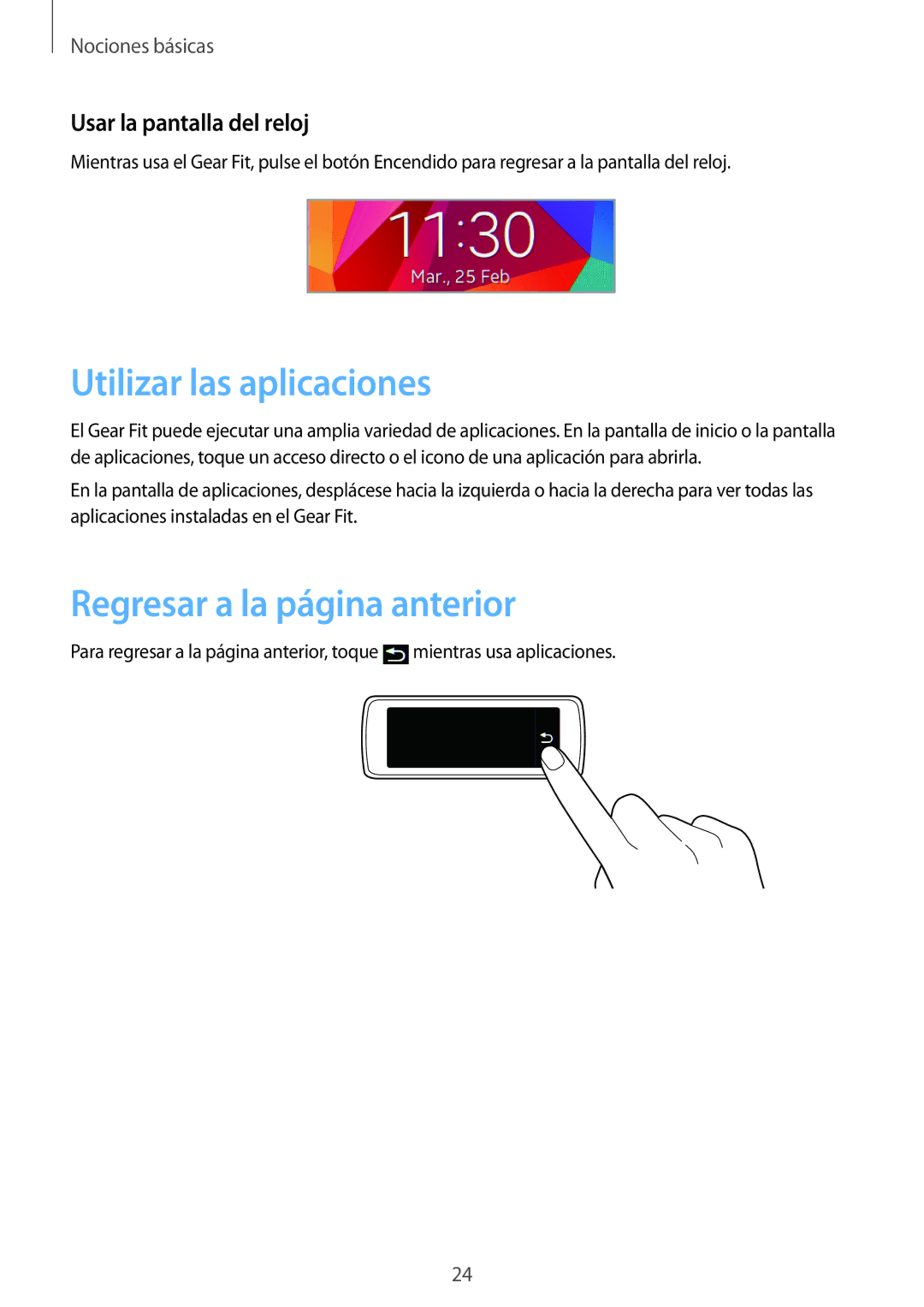 Samsung SM-R3500ZKAEUX manual Utilizar las aplicaciones, Regresar a la página anterior, Usar la pantalla del reloj 