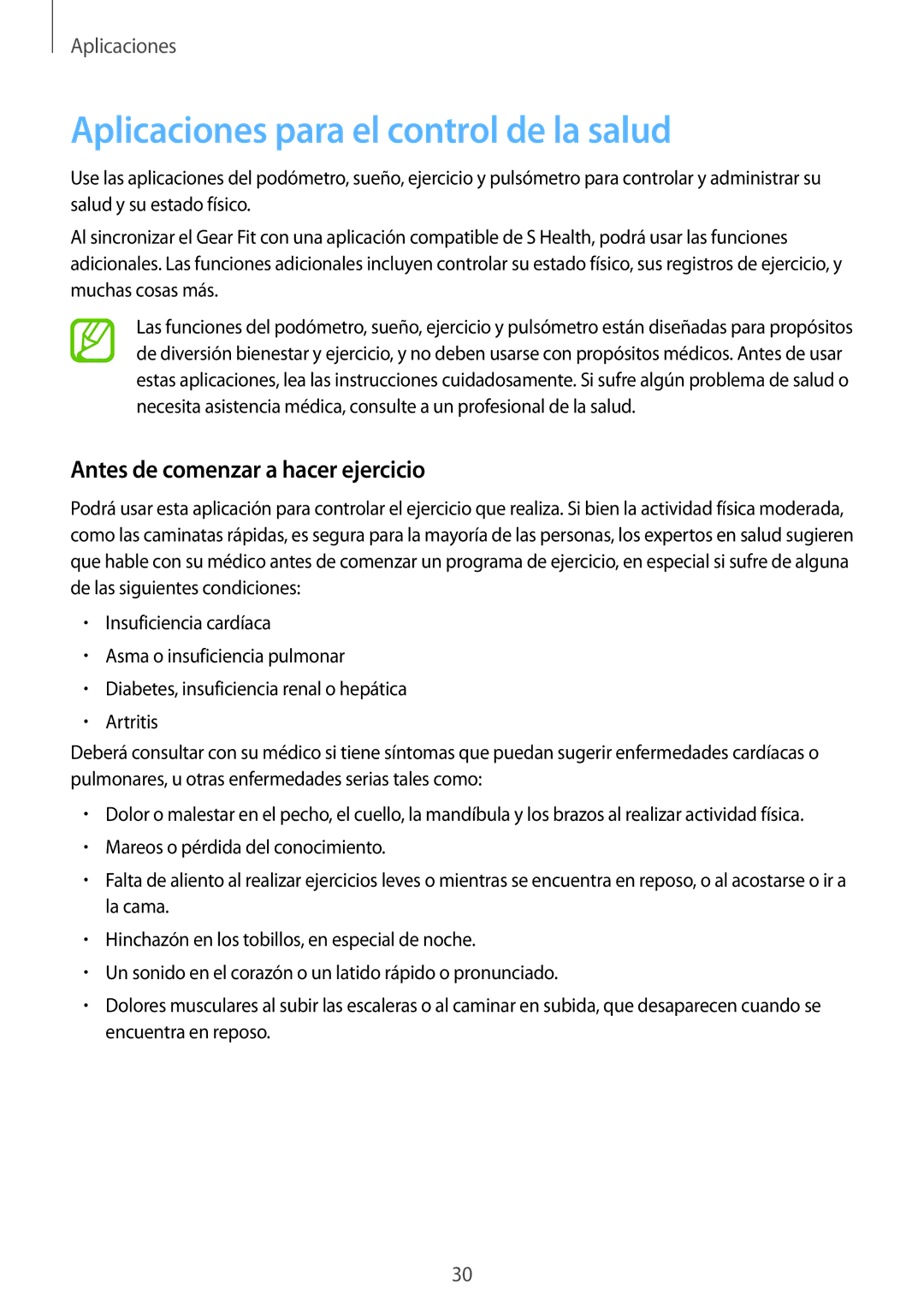 Samsung SM-R3500ZKAEUX, SM-R3500ZKAPHE manual Aplicaciones para el control de la salud, Antes de comenzar a hacer ejercicio 