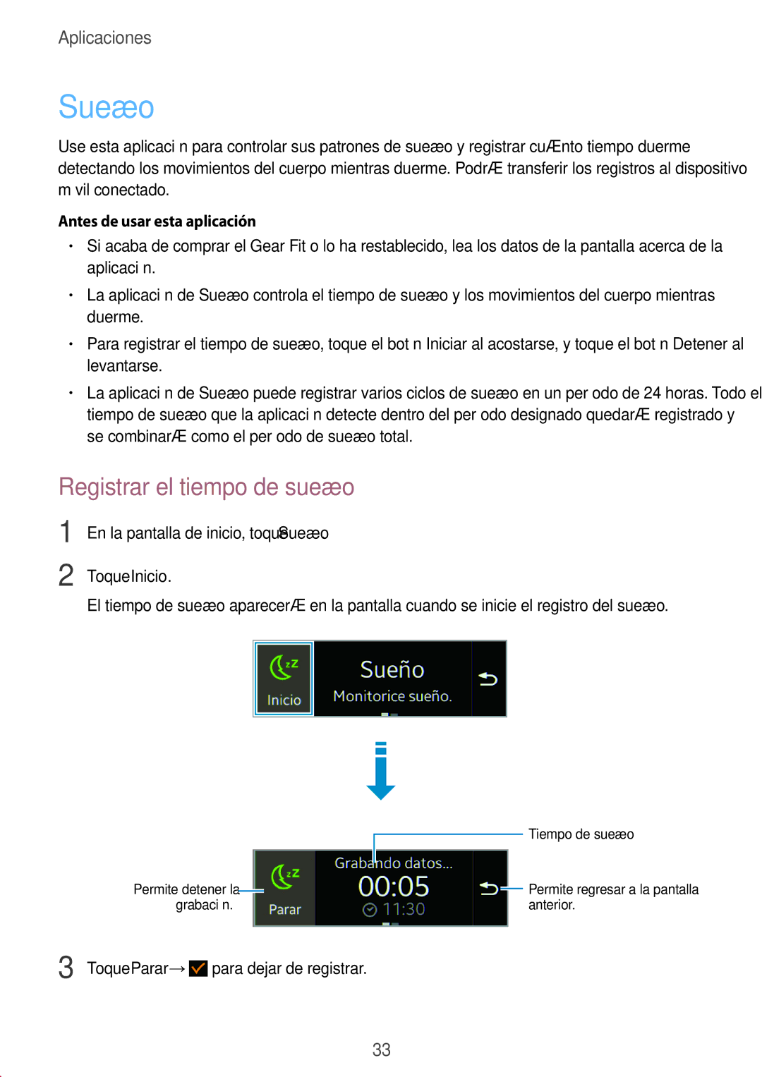 Samsung SM-R3500ZKAPHE, SM-R3500ZKAEUX manual Sueño, Registrar el tiempo de sueño, Antes de usar esta aplicación 