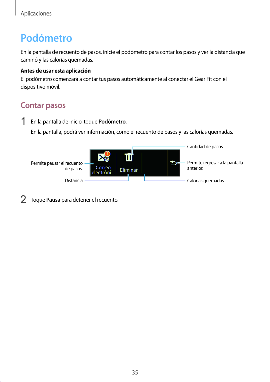 Samsung SM-R3500ZKAPHE, SM-R3500ZKAEUX manual Podómetro, Contar pasos 