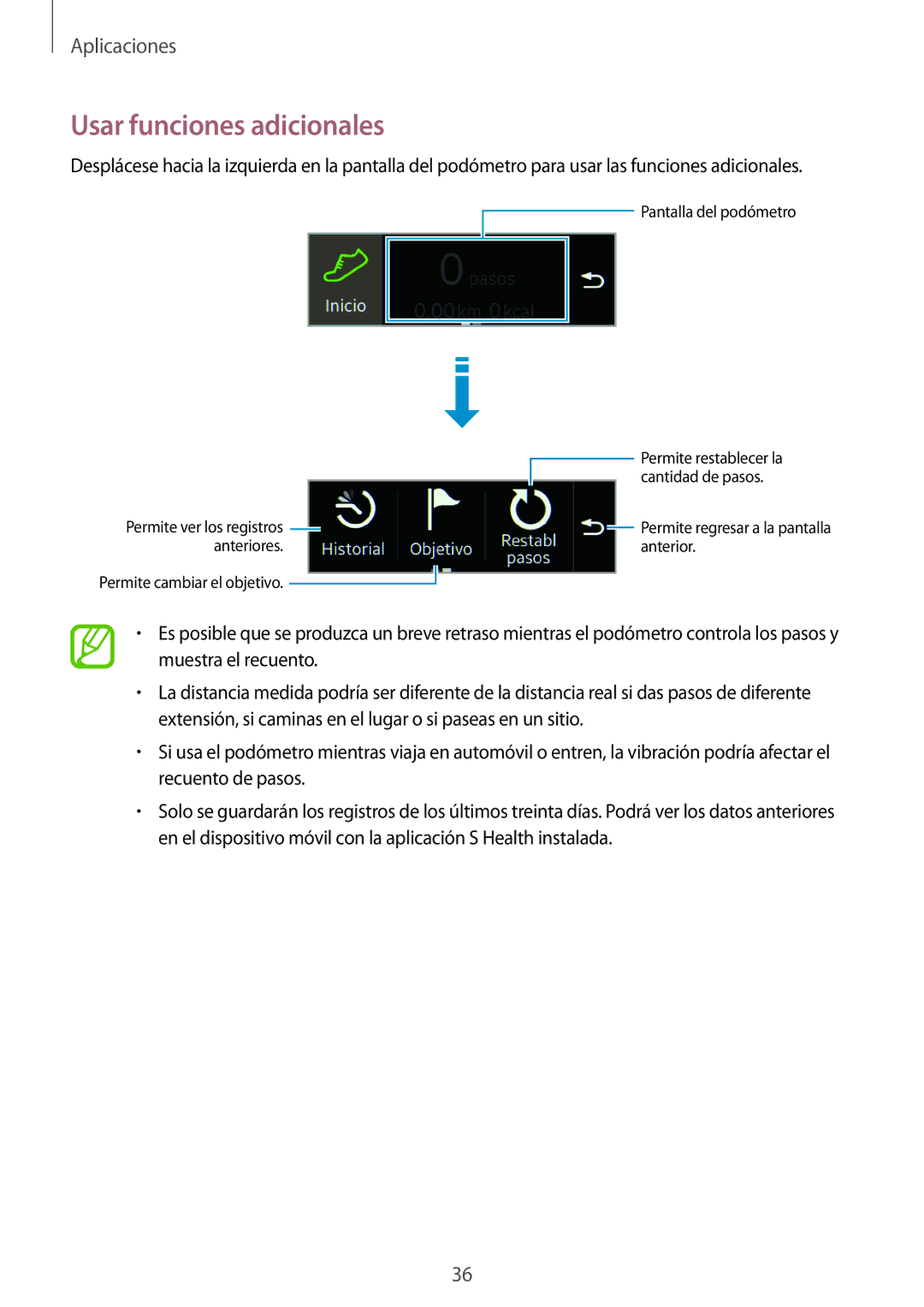 Samsung SM-R3500ZKAEUX, SM-R3500ZKAPHE manual Pantalla del podómetro Permite restablecer la 