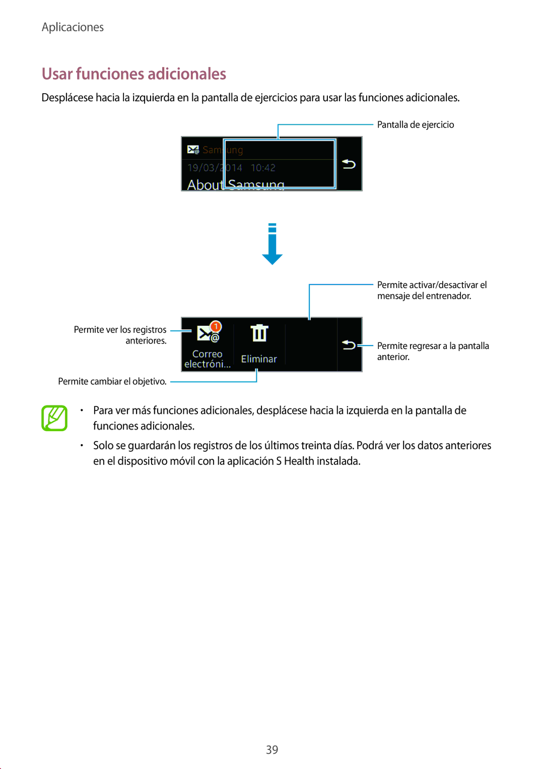 Samsung SM-R3500ZKAPHE, SM-R3500ZKAEUX manual Permite cambiar el objetivo Pantalla de ejercicio 