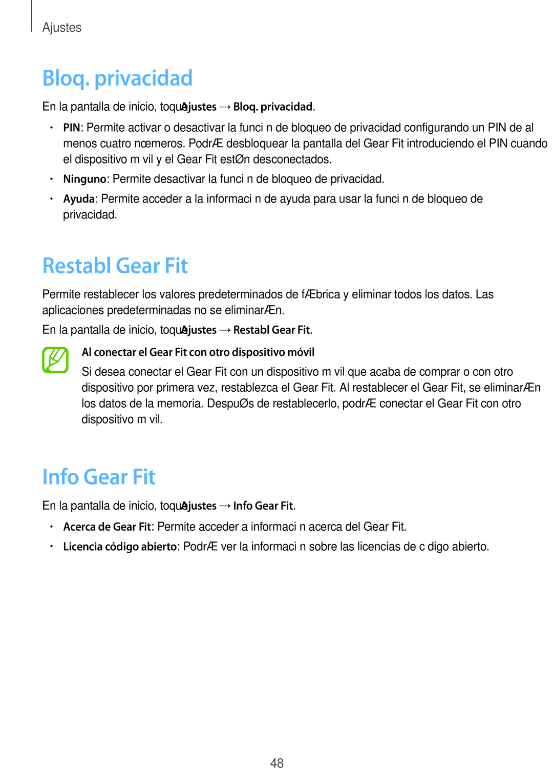 Samsung SM-R3500ZKAEUX, SM-R3500ZKAPHE manual Bloq. privacidad, Restabl Gear Fit, Info Gear Fit 