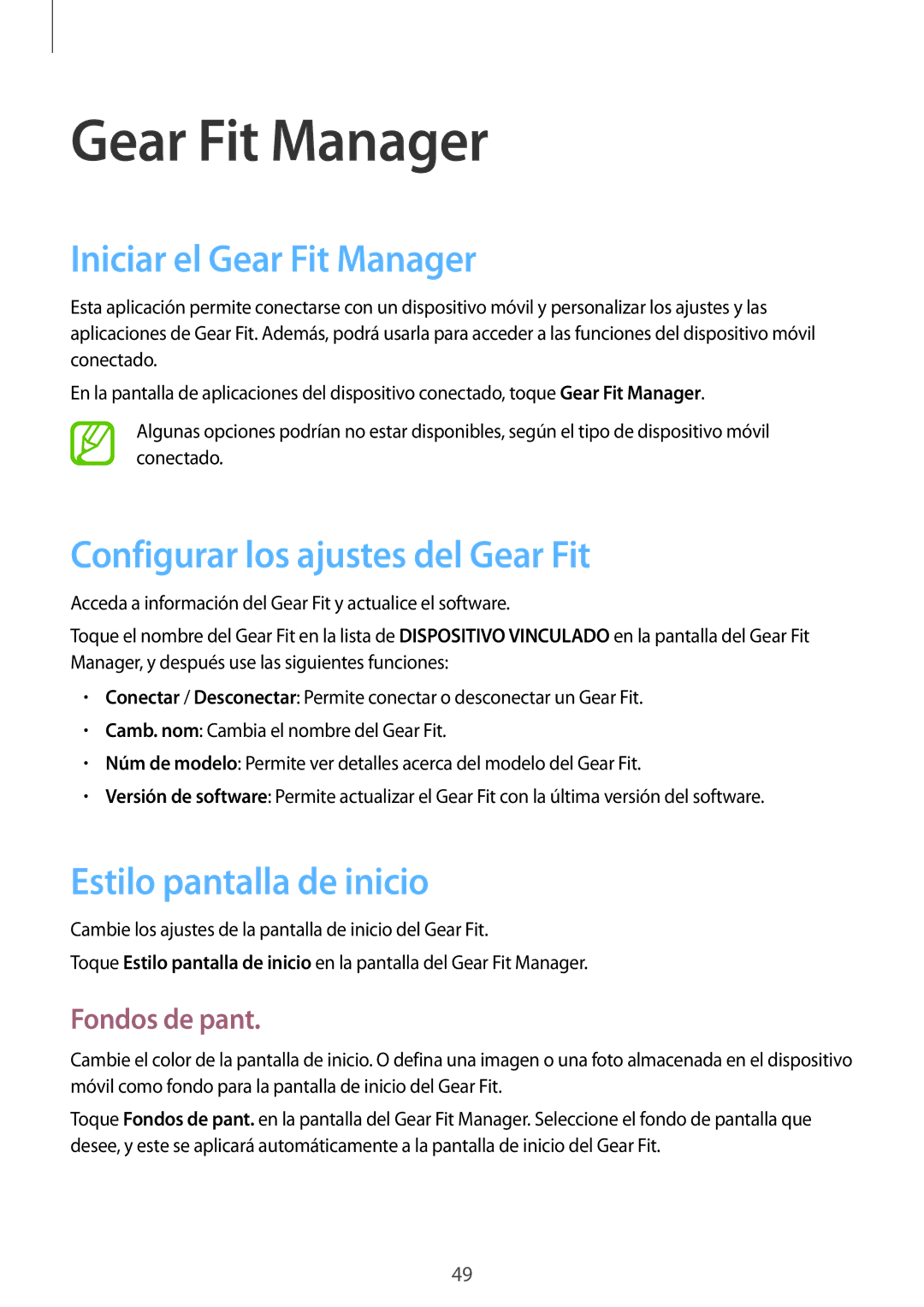 Samsung SM-R3500ZKAPHE Iniciar el Gear Fit Manager, Configurar los ajustes del Gear Fit, Estilo pantalla de inicio 