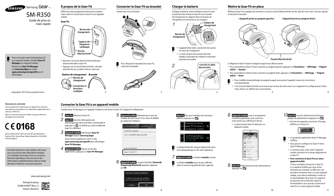 Samsung SM-R3500ZKAXEF manual Propos de la Gear Fit, Connecter la Gear Fit au bracelet, Charger la batterie 