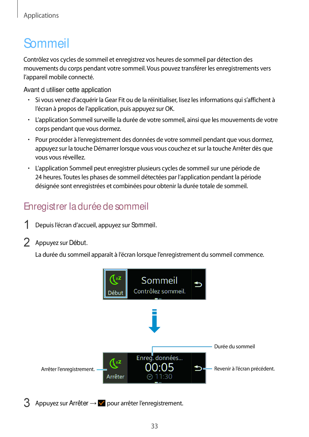 Samsung SM-R3500ZKAXEF, SM-R3500ZKAEUX manual Sommeil, Enregistrer la durée de sommeil, Avant d’utiliser cette application 