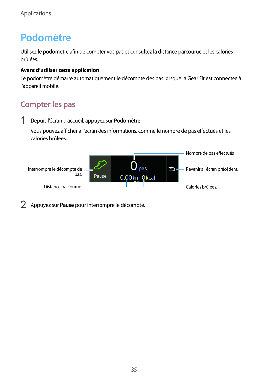 Samsung SM-R3500ZKAXEF, SM-R3500ZKAEUX manual Podomètre, Compter les pas 