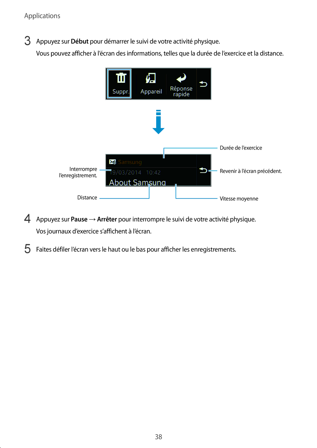 Samsung SM-R3500ZKAEUX, SM-R3500ZKAXEF manual Vos journaux d’exercice s’affichent à l’écran 